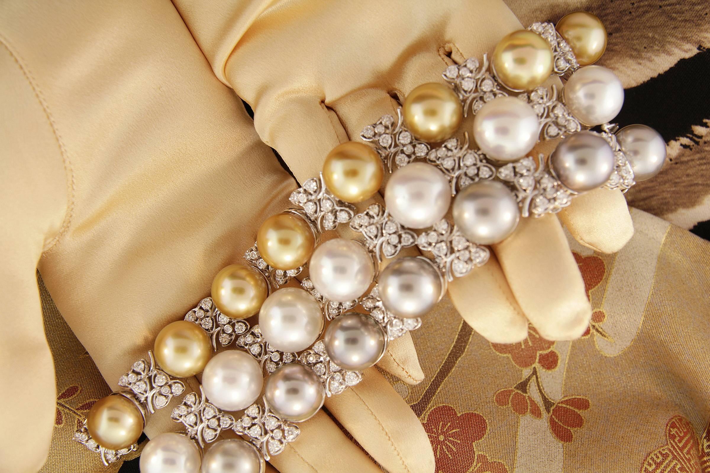 Ella Gafter 14mm Golden Pearl Diamond Cuff Bracelet For Sale 7