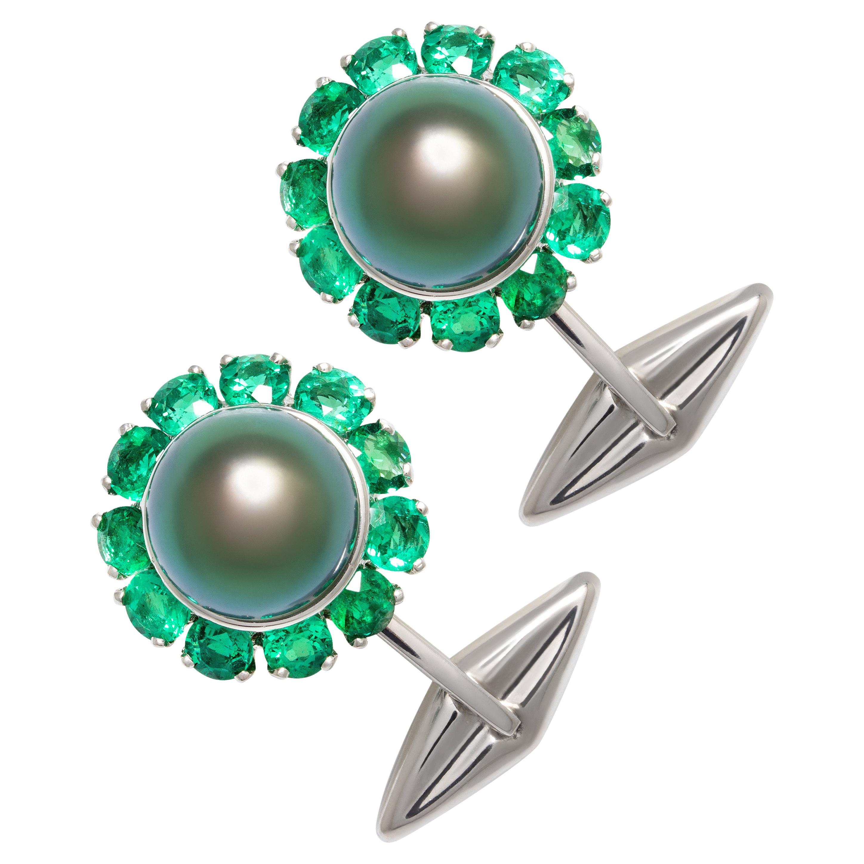 Tahitian Pearl and Emerald Cufflinks 18k gold Design by Ella Gafter