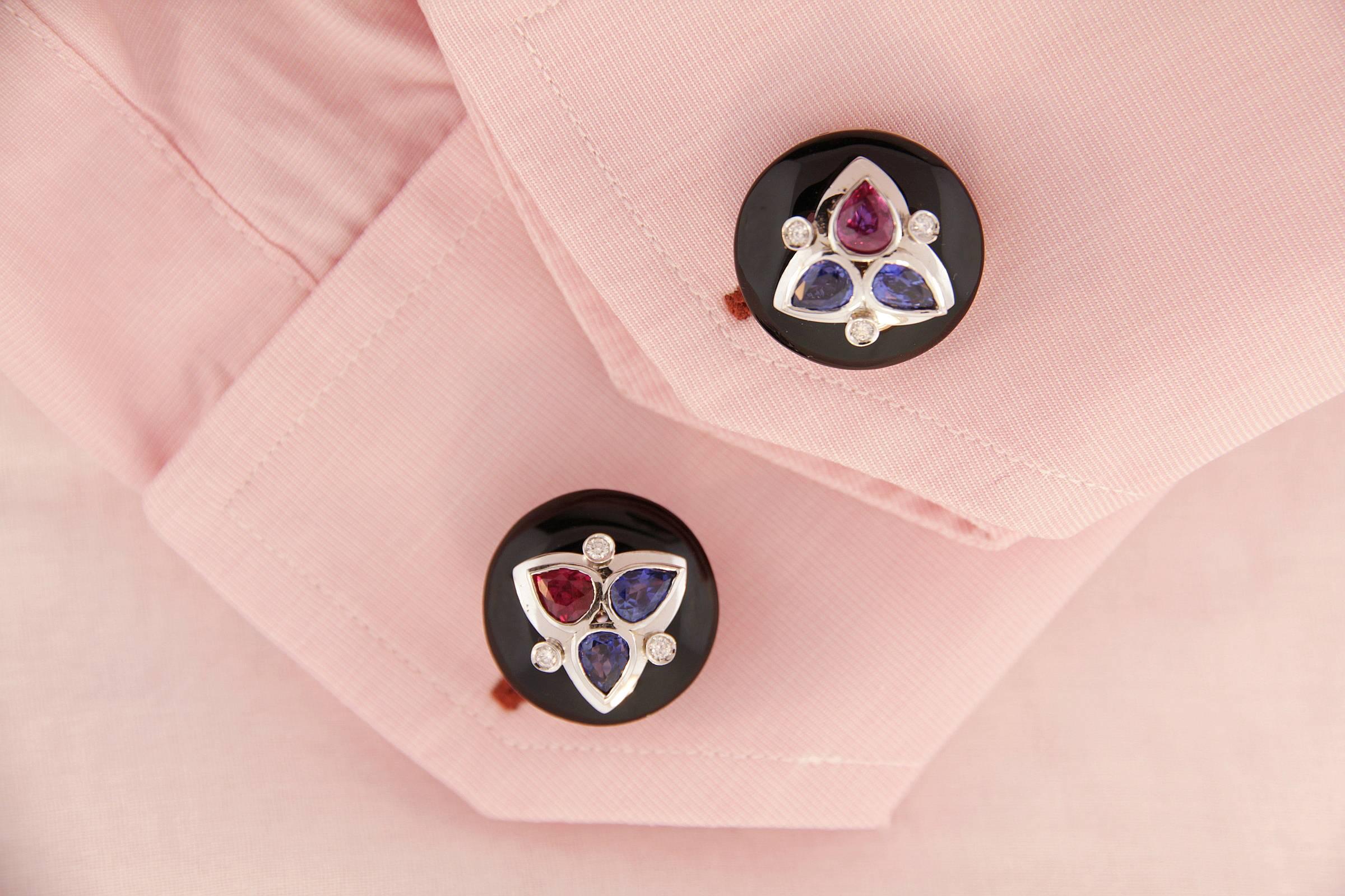 Artist Sapphire Ruby Diamond and Onyx Cufflinks Art Déco Design by Ella Gafter For Sale