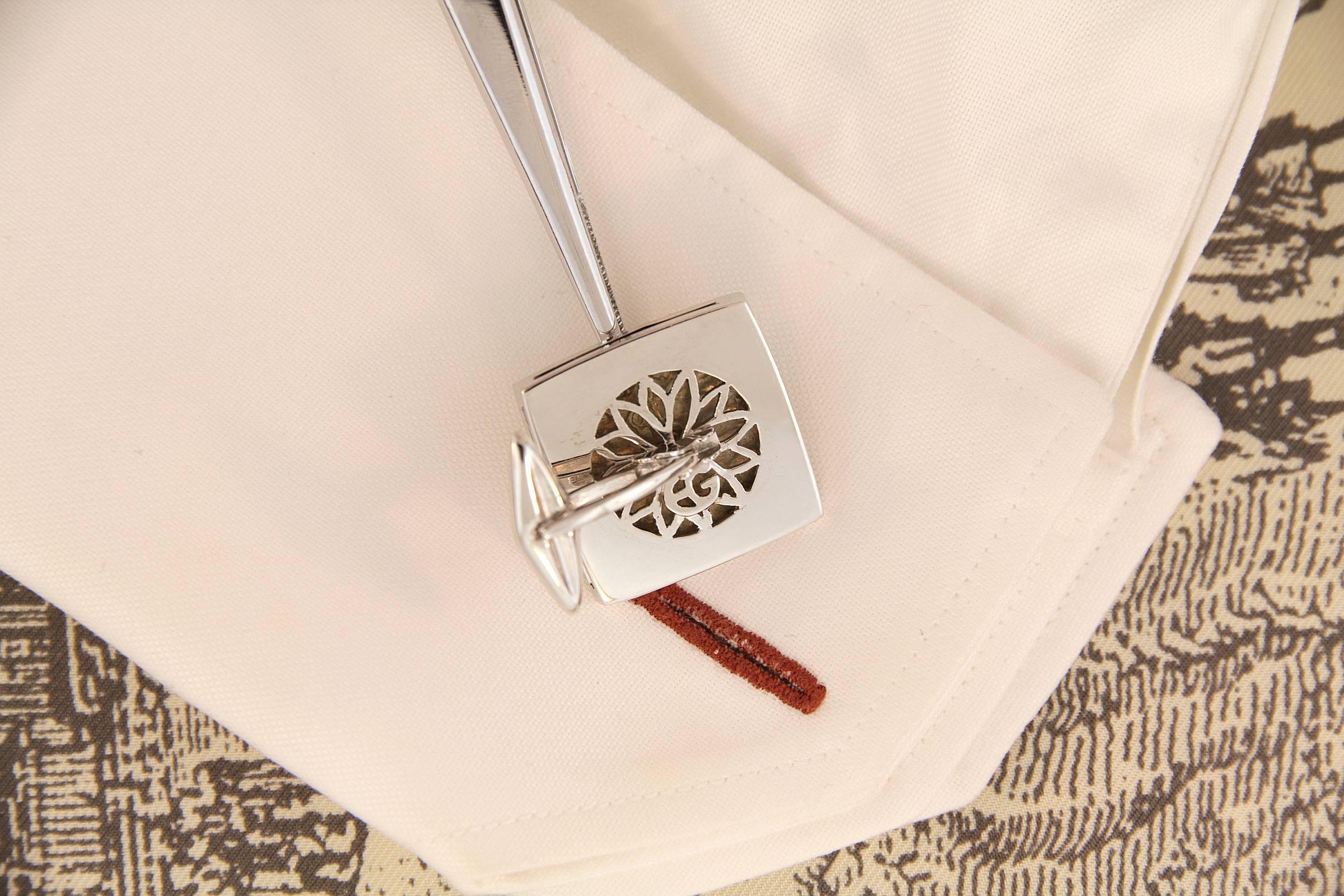 Boutons de manchette anciennes en argent et diamants, design Ella Gafter, en or blanc 18 carats Pour hommes en vente