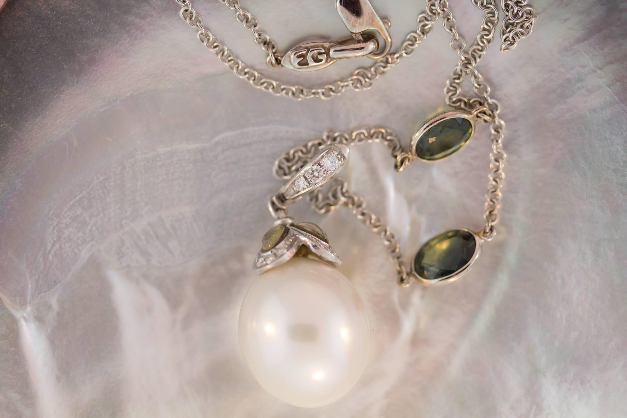 Ella Gafter Pearl Sapphire Diamond Pendant For Sale 1