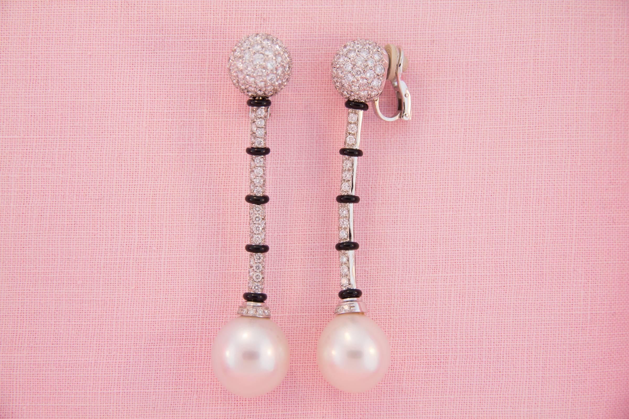 Ella Gafter South Sea Pearl Onyx Diamond White Gold Drop Earrings In New Condition In New York, NY