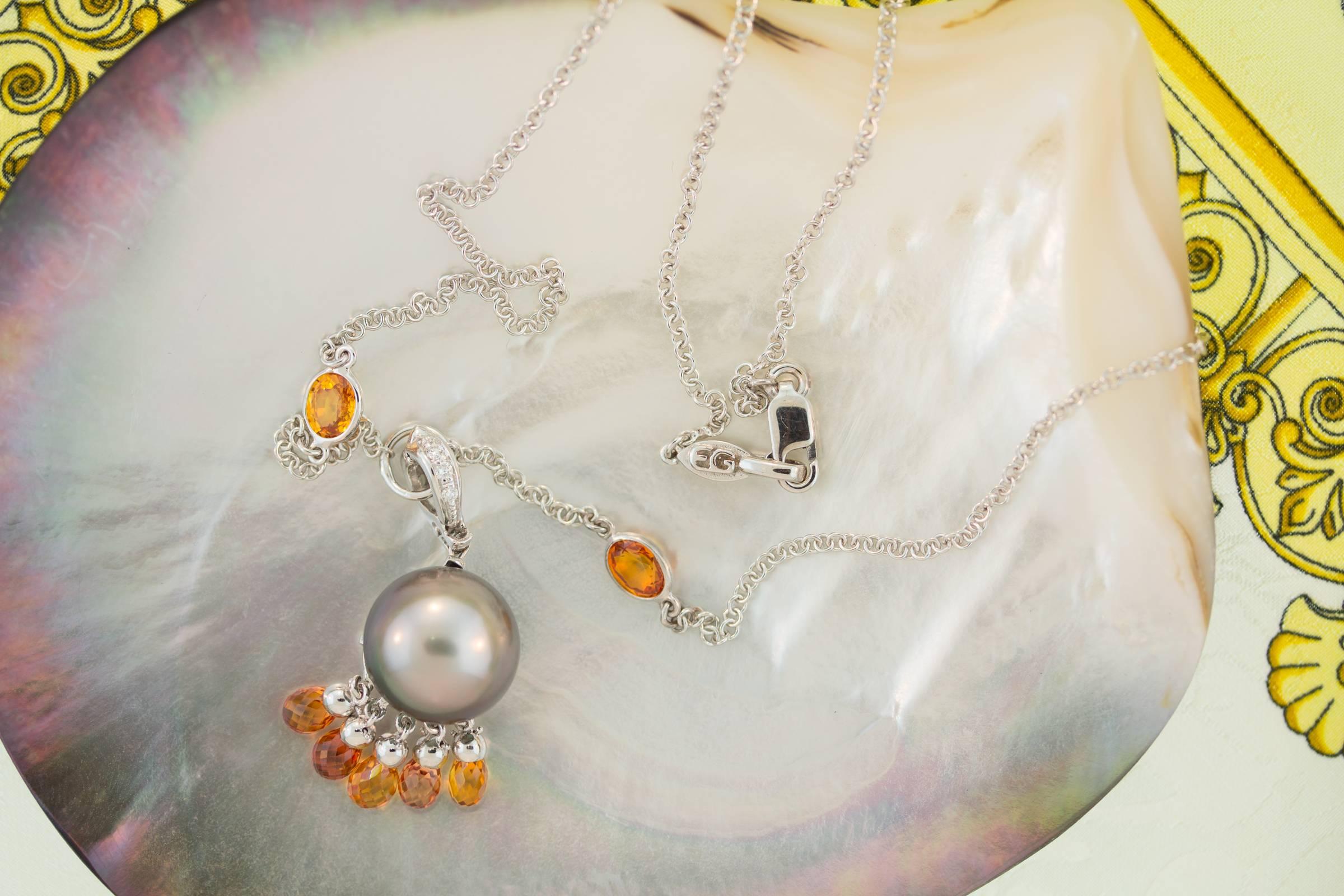 Ella Gafter Black Pearl Sapphire Diamond Necklace For Sale 4