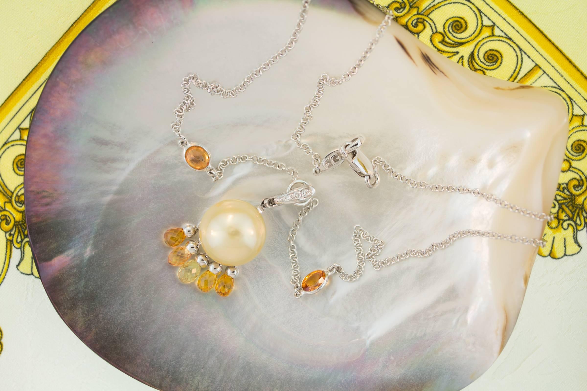 Golden Pearl Sapphire and Diamond Pendant Necklace Design by Ella Gafter For Sale 4