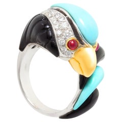 Parrot Cocktail ring Diamond Turquoise Ruby Onyx Design by Ella Gafter
