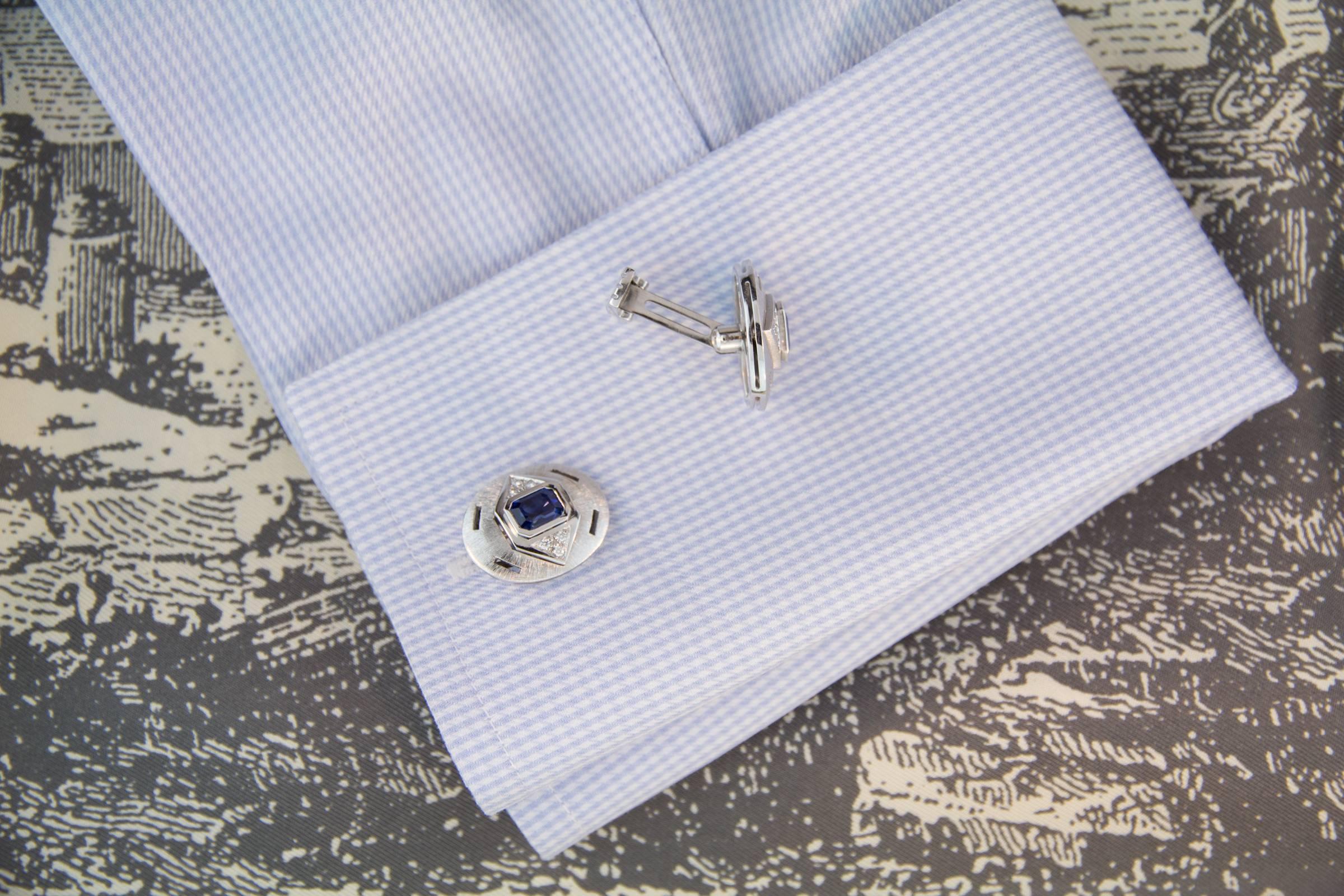 Ella Gafter Sapphire Diamond White Gold Cufflinks In New Condition For Sale In New York, NY