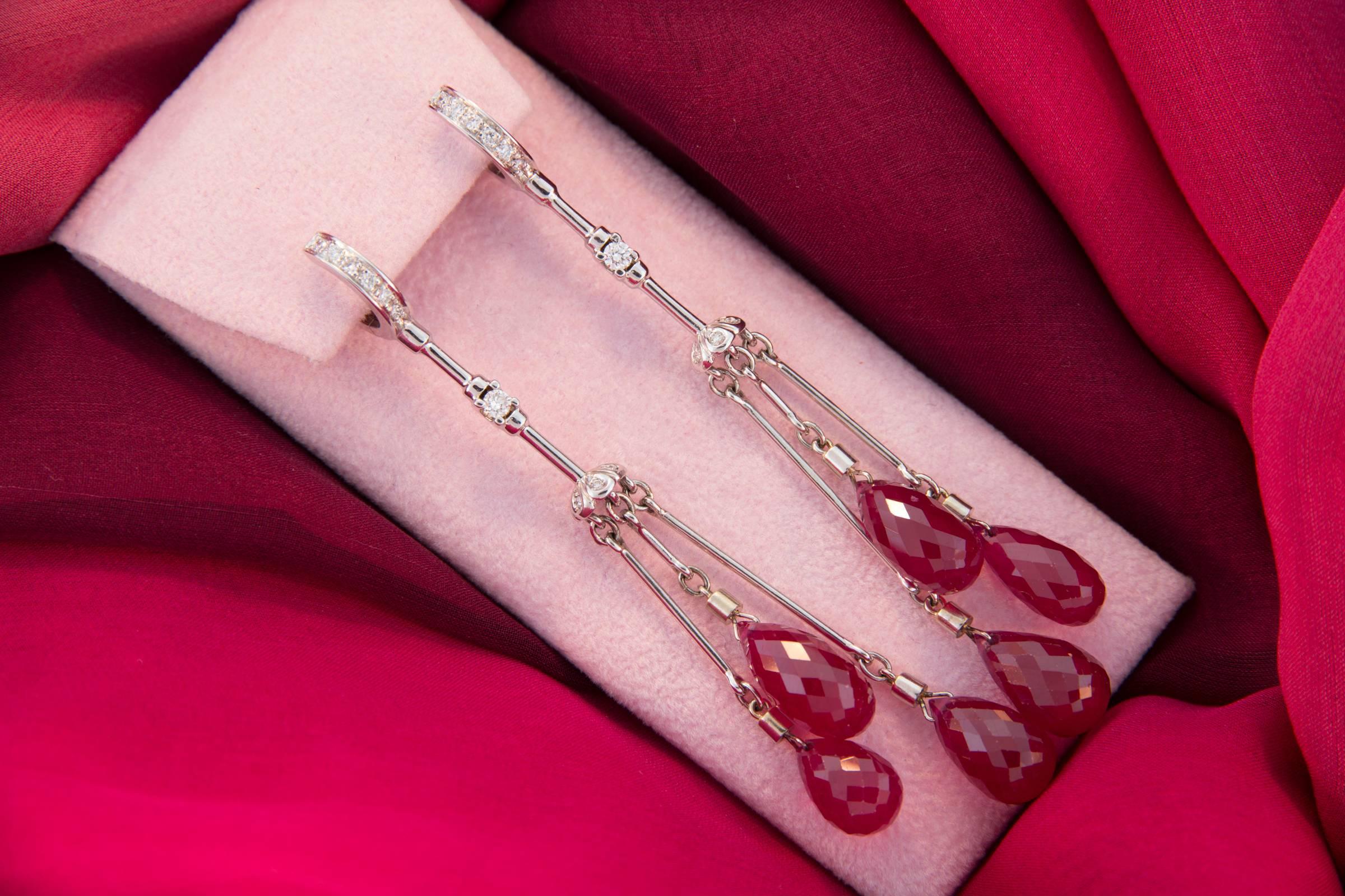 Ella Gafter Ruby Briolette and Diamond White Gold Drop Chandelier Earrings In New Condition In New York, NY