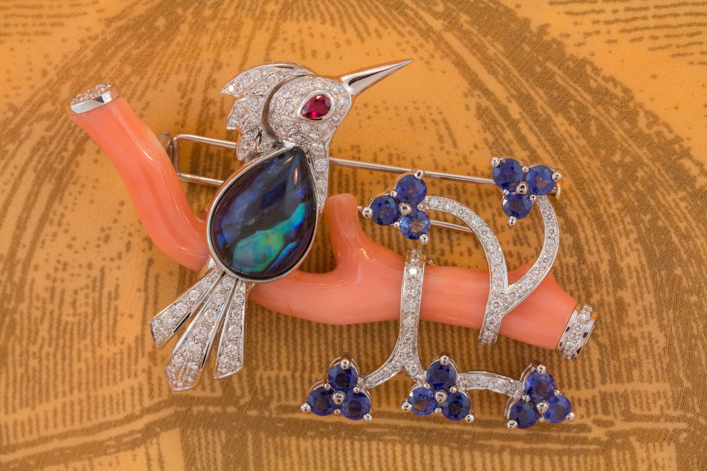 Women's Ella Gafter Love Bird Sapphire Diamond Pin Brooch  For Sale