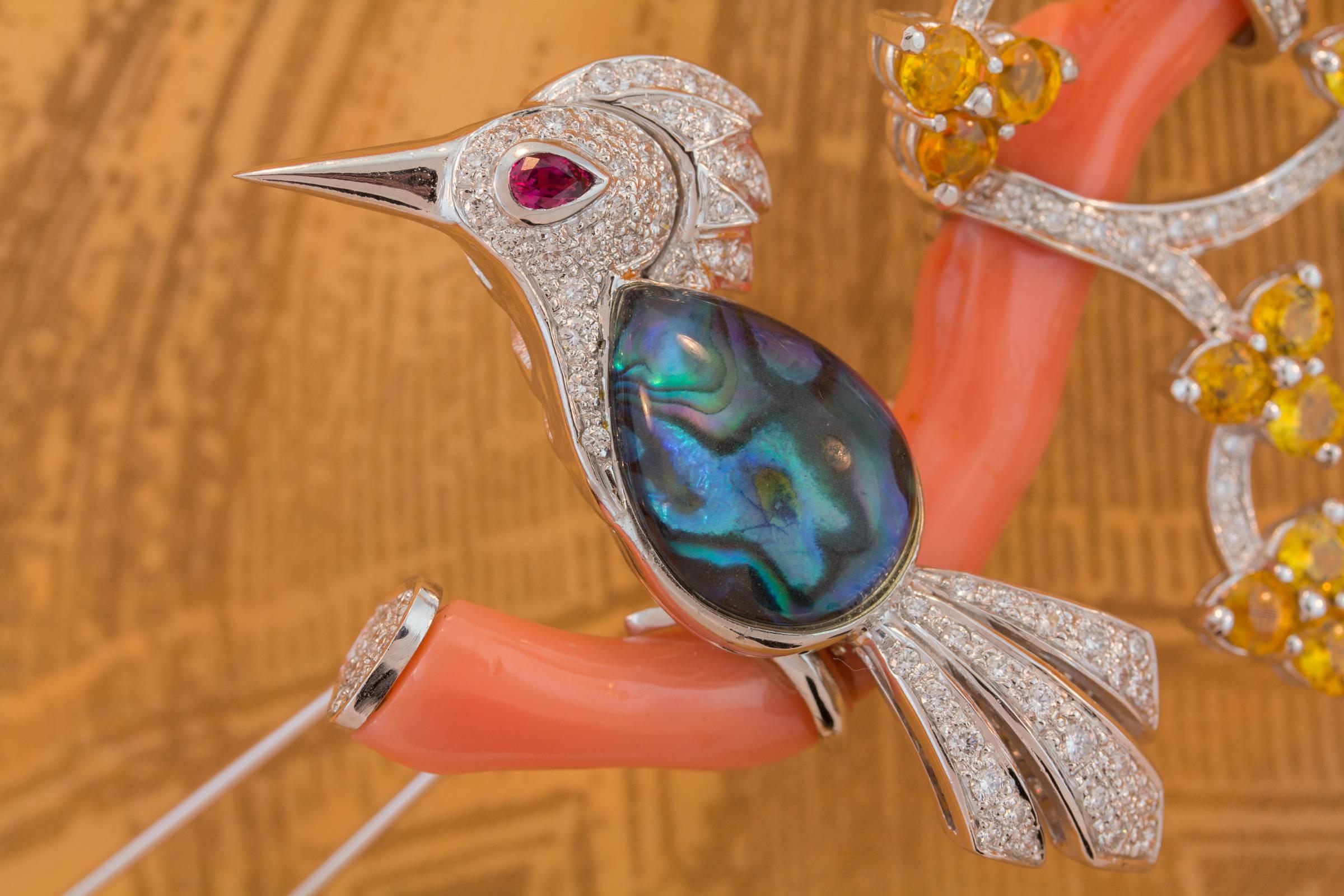 Love Bird Brooch Pin Diamonds and Yellow Sapphire Design by Ella Gafter For Sale 4