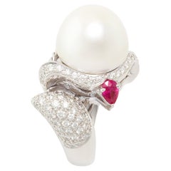 Sagittarius Zodiac Cocktail Ring South Sea Pearl Diamonds Design by Ella Gafter