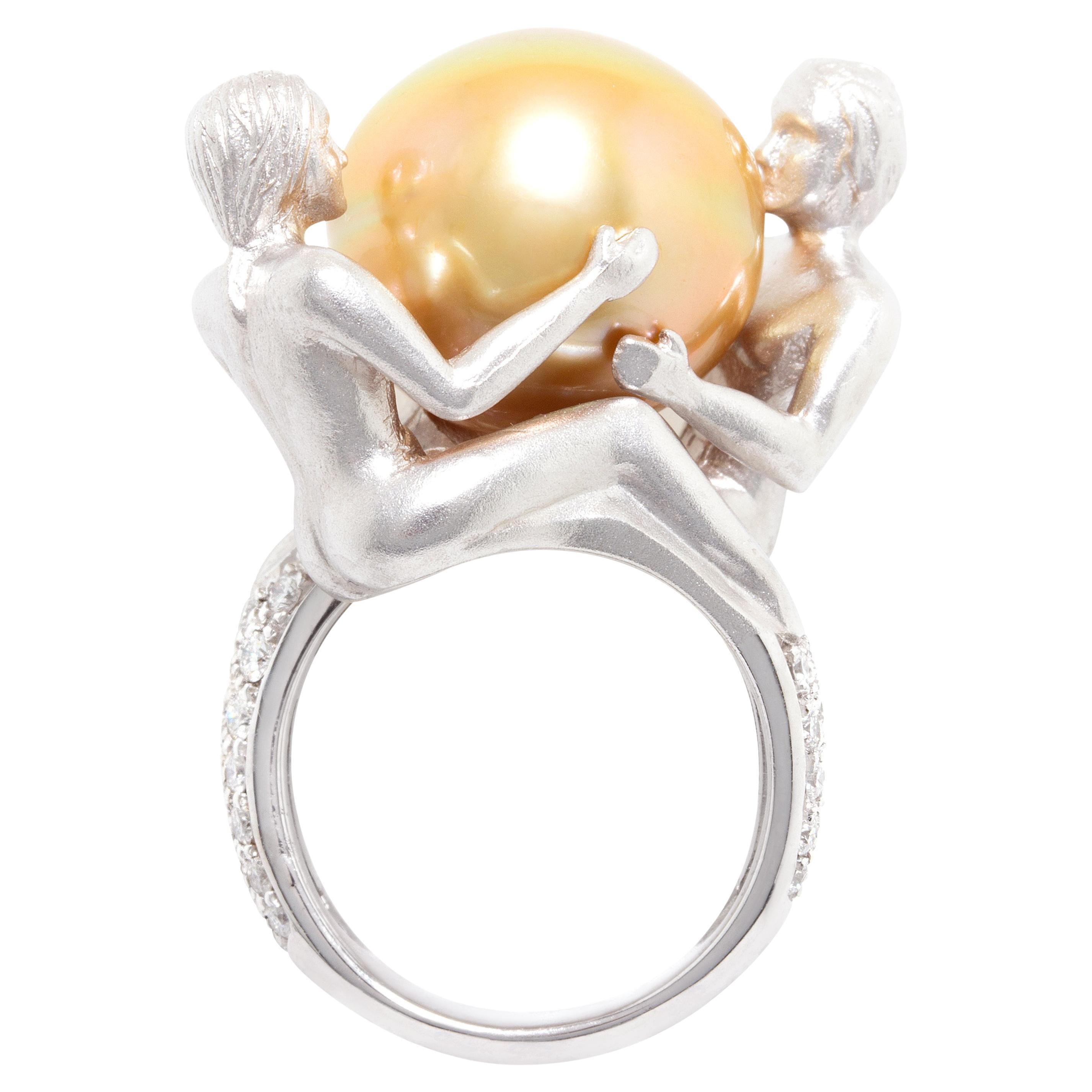 Ella Gafter Gemini Diamond 16mm Golden Pearl Zodiac Ring  For Sale