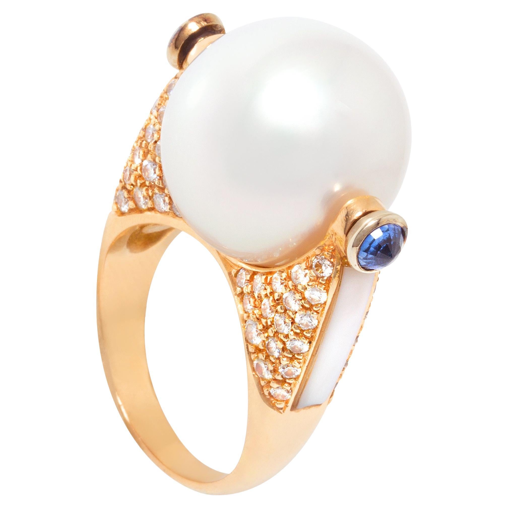 Ella Gafter 16mm Pearl Diamond Rose Gold Ring  For Sale