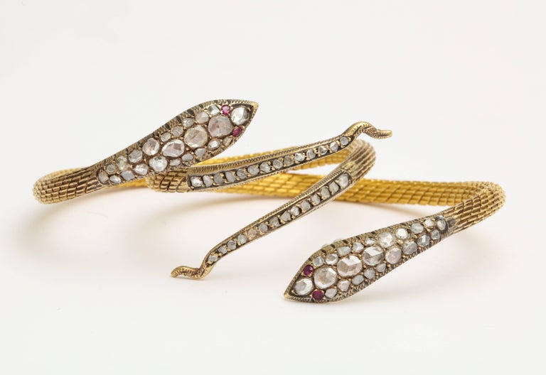 Circa 1960's Rose Cut Diamond Ruby Snake Bangle Bracelets at 1stDibs