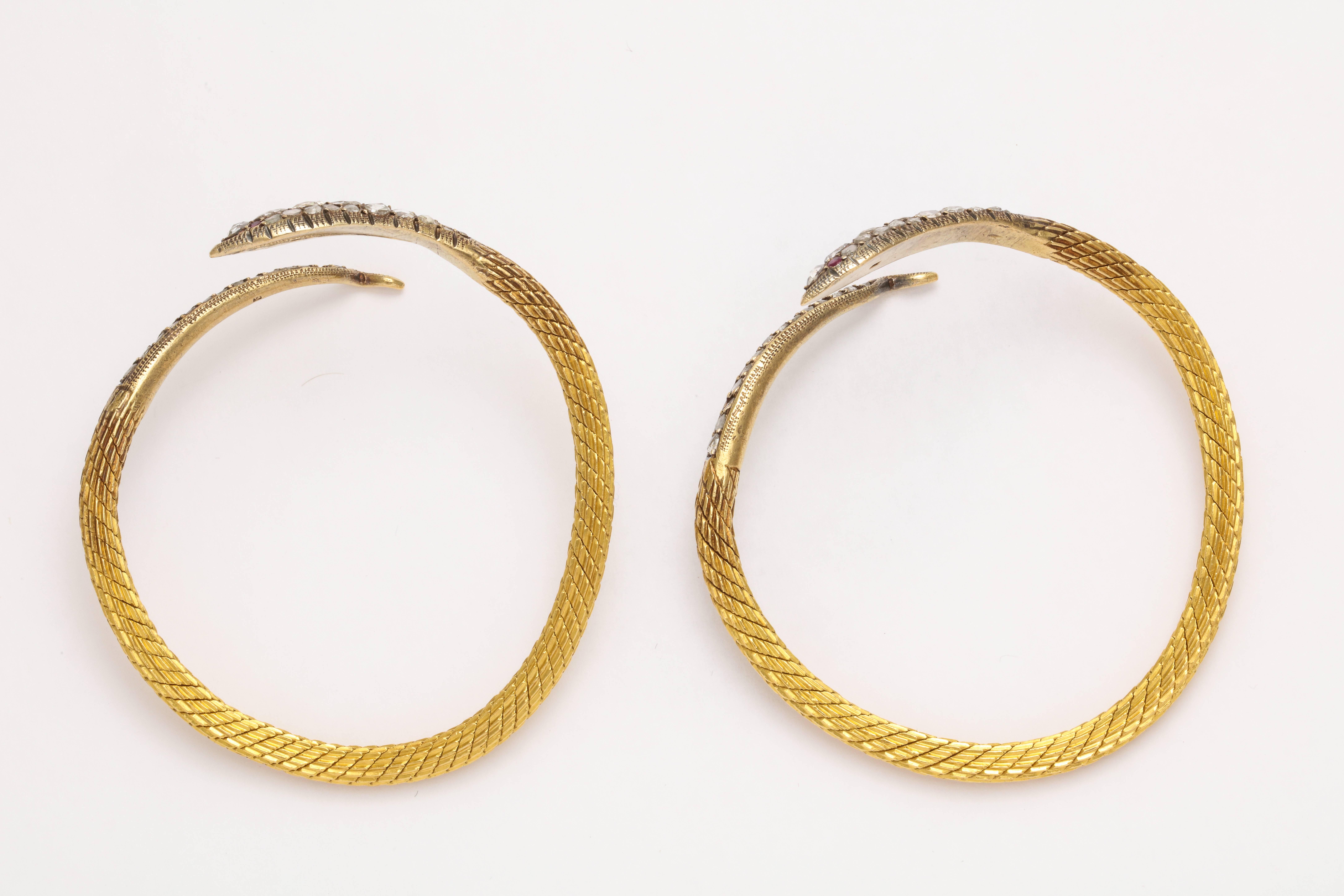 Women's or Men's Circa 1960's Rose Cut Diamond Ruby Snake Bangle Bracelets