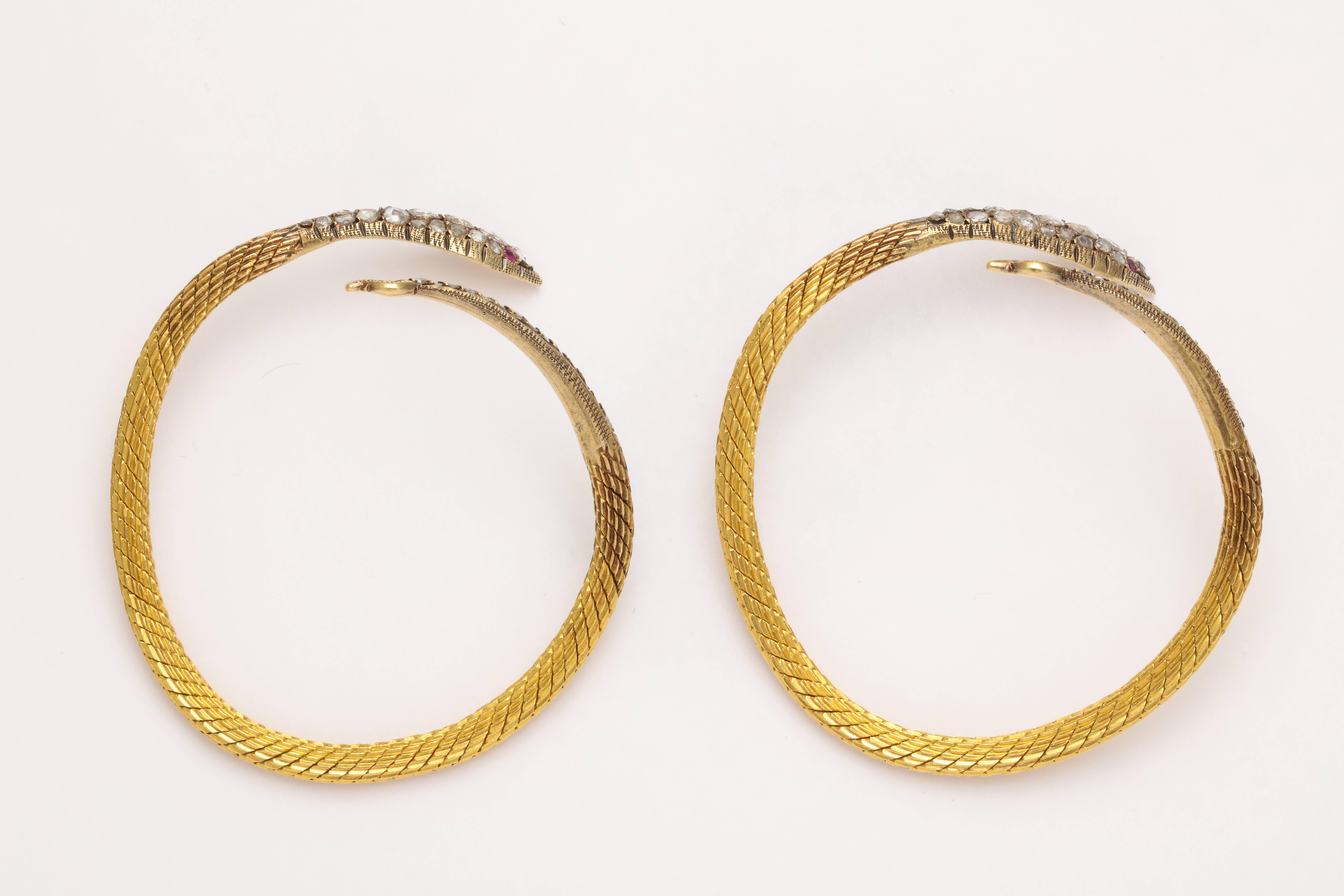 Circa 1960's Rose Cut Diamond Ruby Snake Bangle Bracelets 1