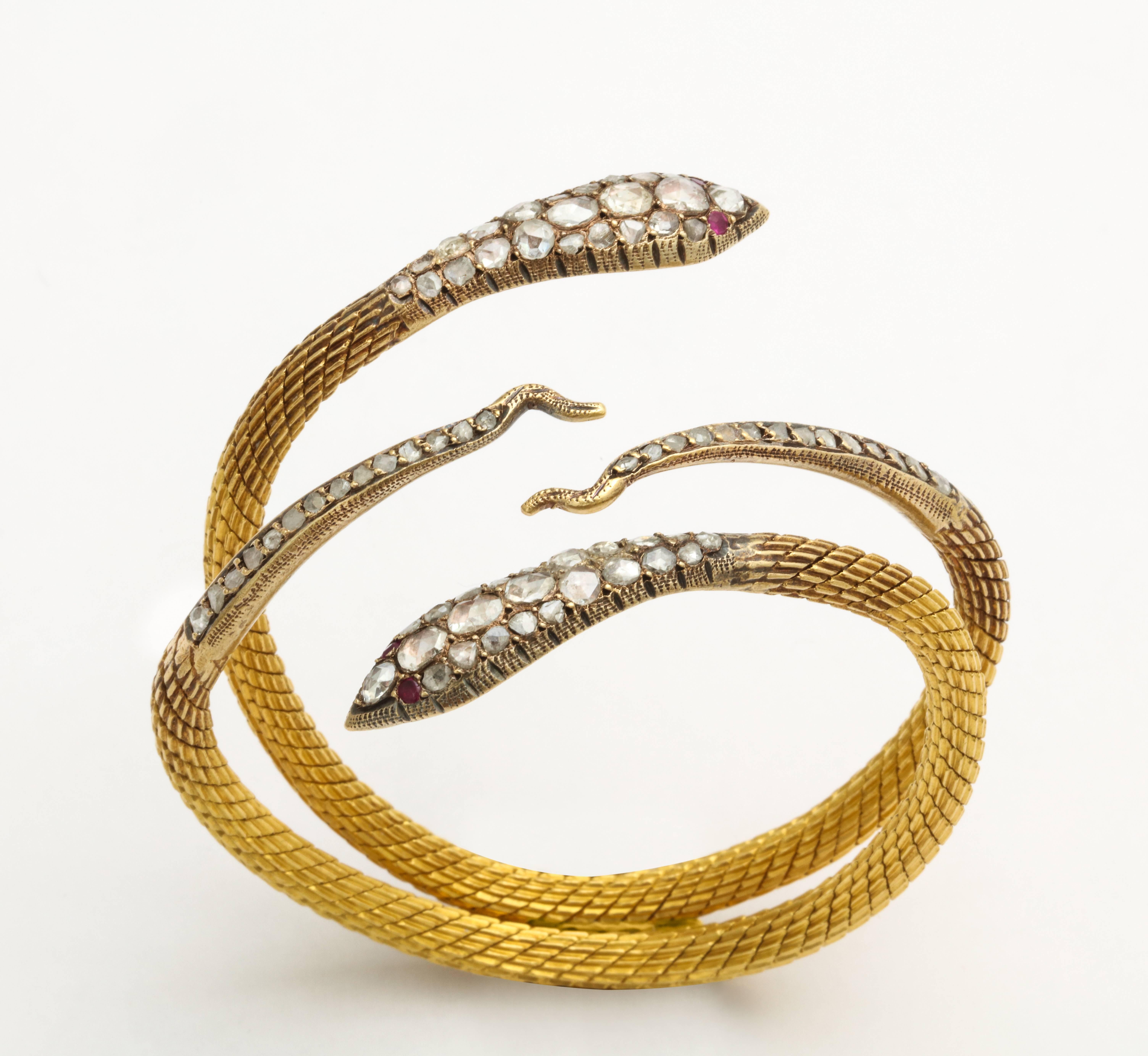 Circa 1960's Rose Cut Diamond Ruby Snake Bangle Bracelets 3
