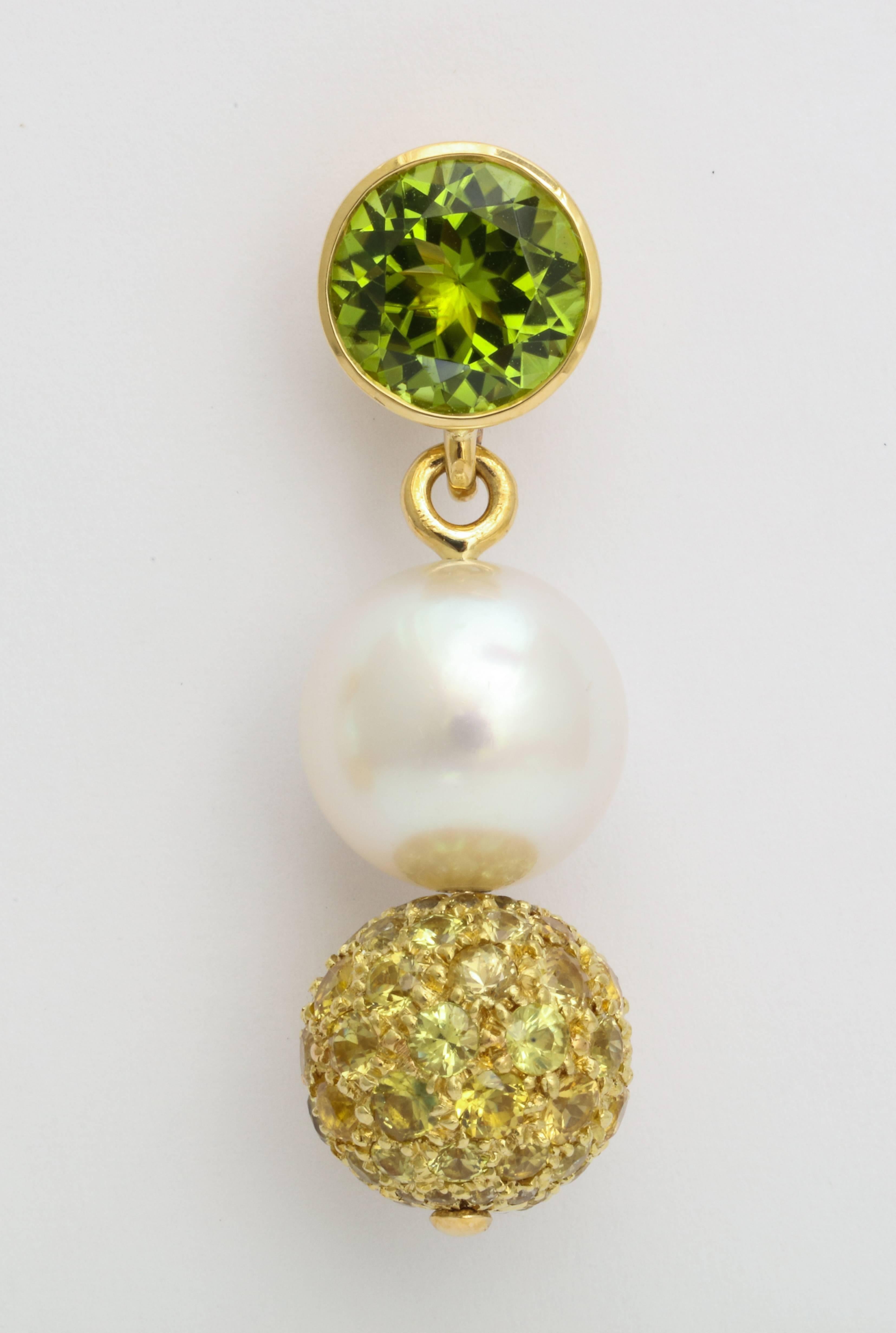Donna Vock South Sea Cultured Pearl Peridot Yellow Sapphire Earrings In New Condition In New York, NY