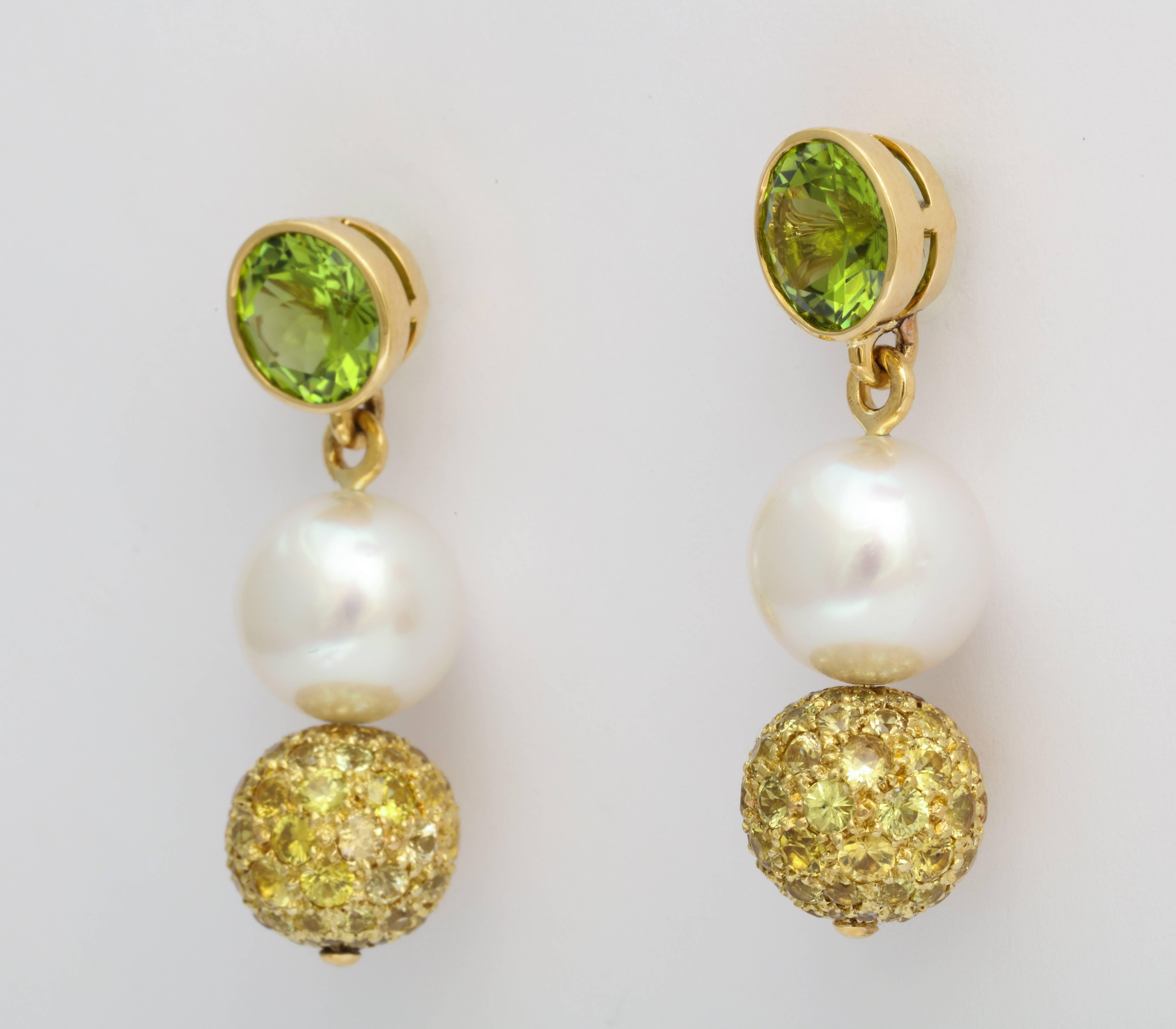 Contemporary Donna Vock South Sea Cultured Pearl Peridot Yellow Sapphire Earrings