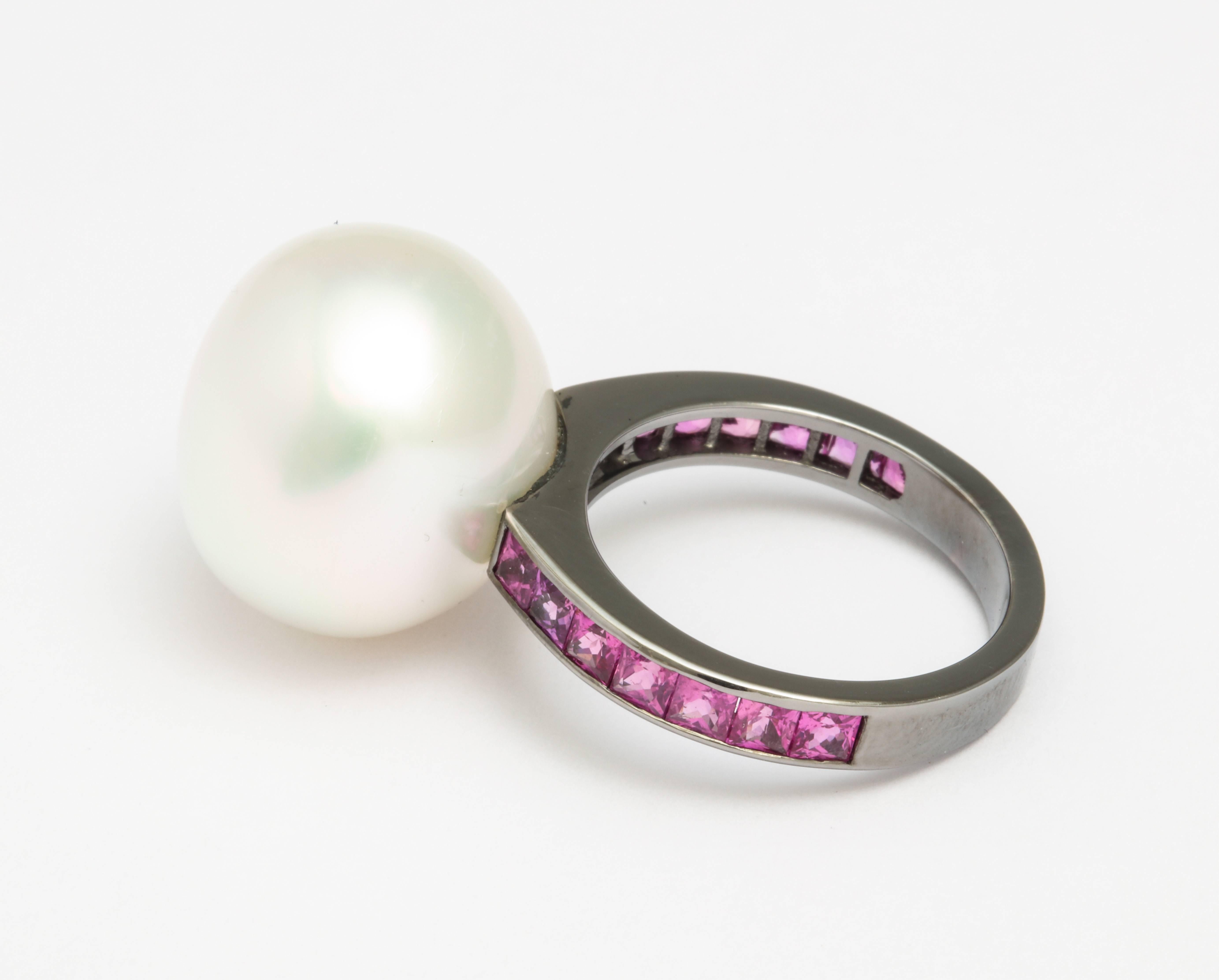 Donna Vock 18K Gold South Sea Cultured Pearl and Pink Sapphire Ring For Sale 1