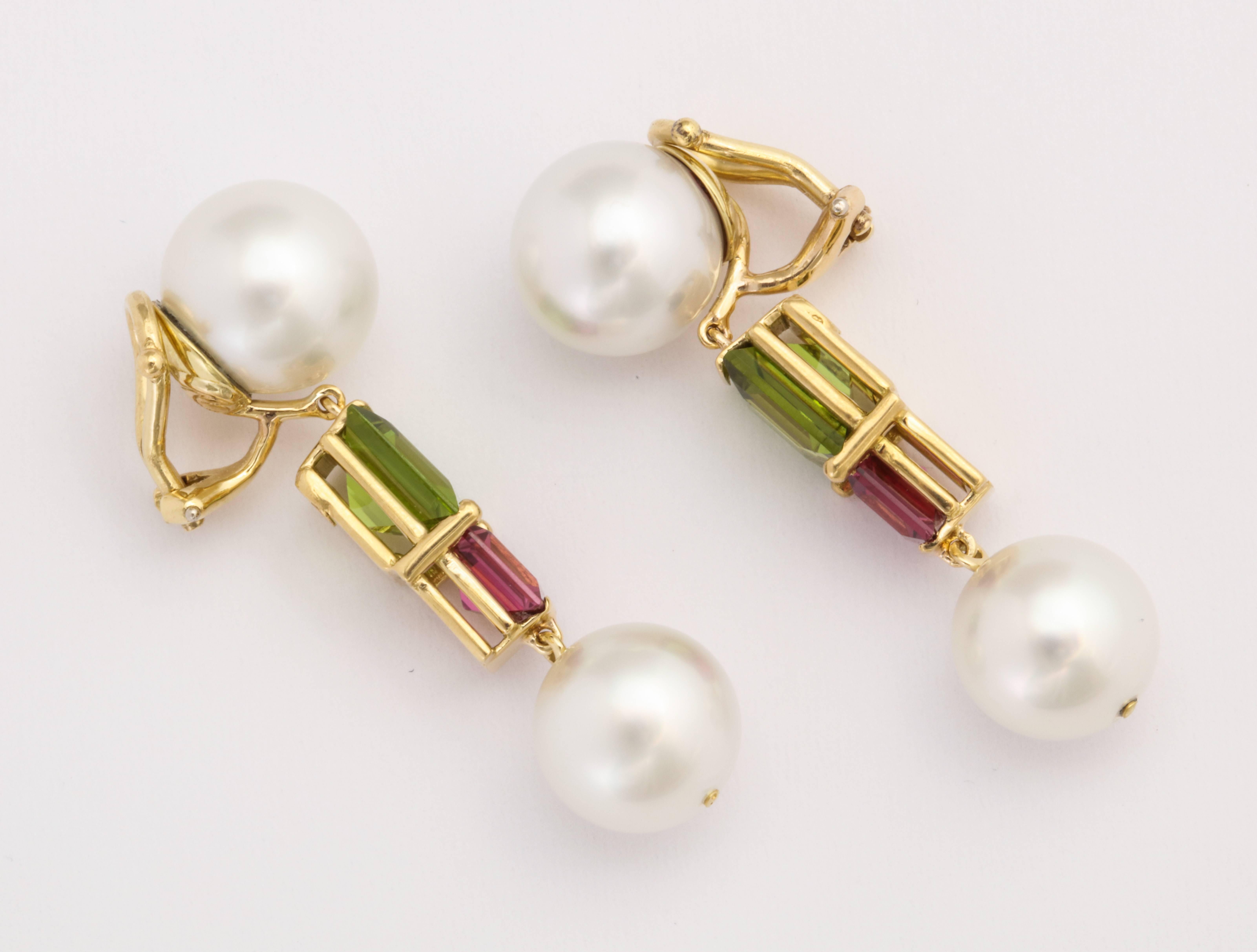 Donna Vock South Sea Cultured Pearl, Peridot and Pink Tourmaline Earrings  In New Condition In New York, NY