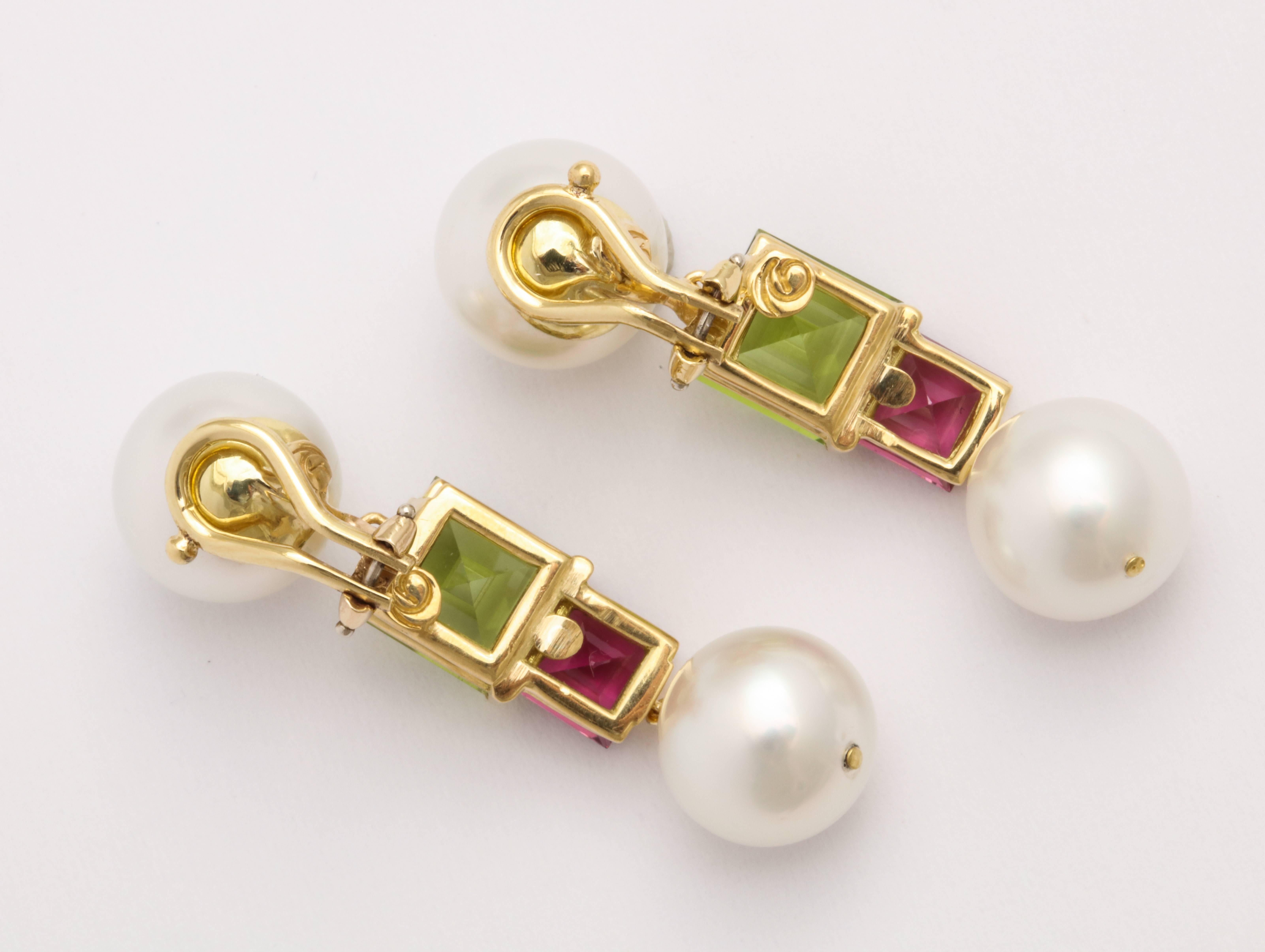 Women's or Men's Donna Vock South Sea Cultured Pearl, Peridot and Pink Tourmaline Earrings 