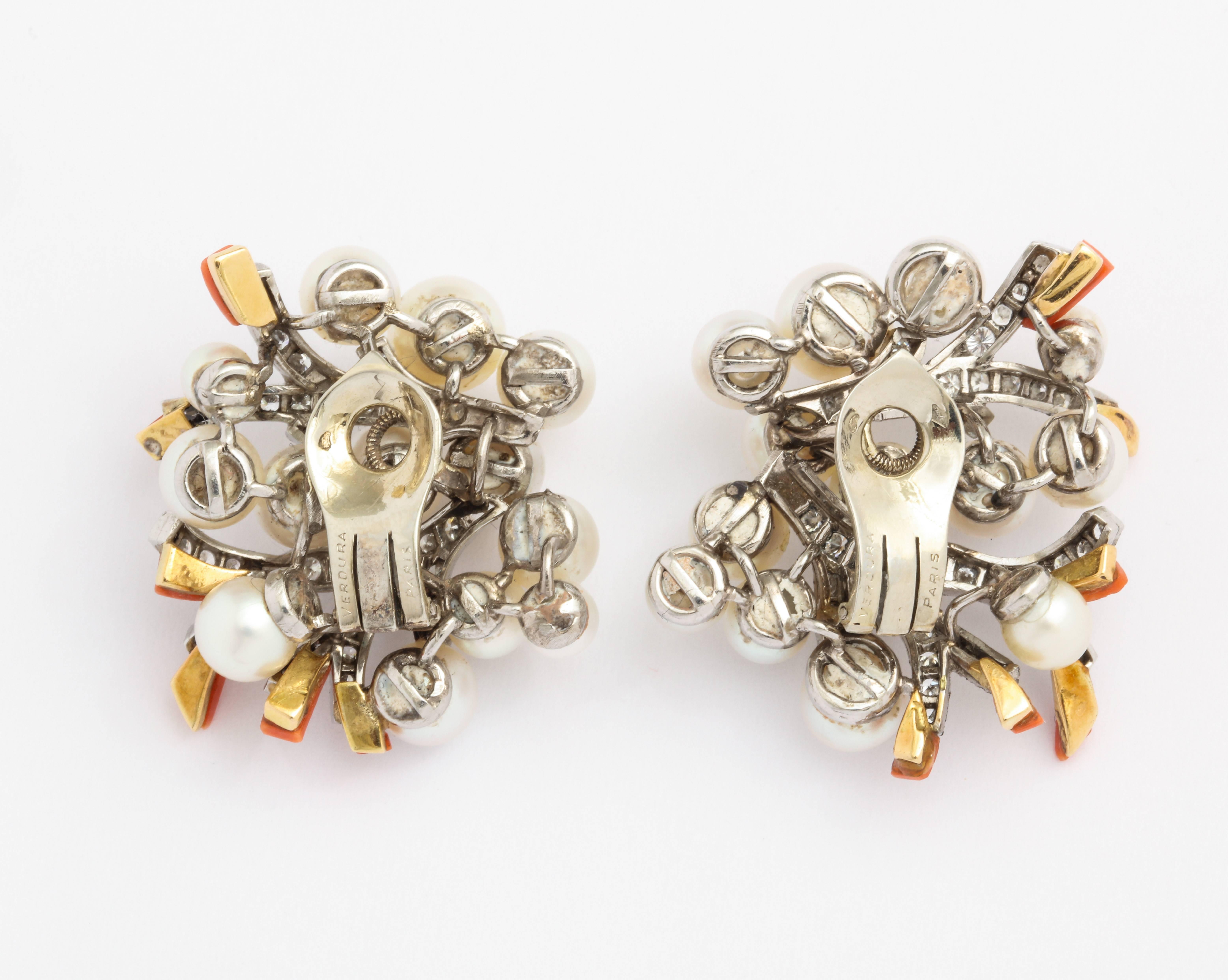 de Rothschild 1960s Verdura Paris Pearl Diamond Coral Earrings 1