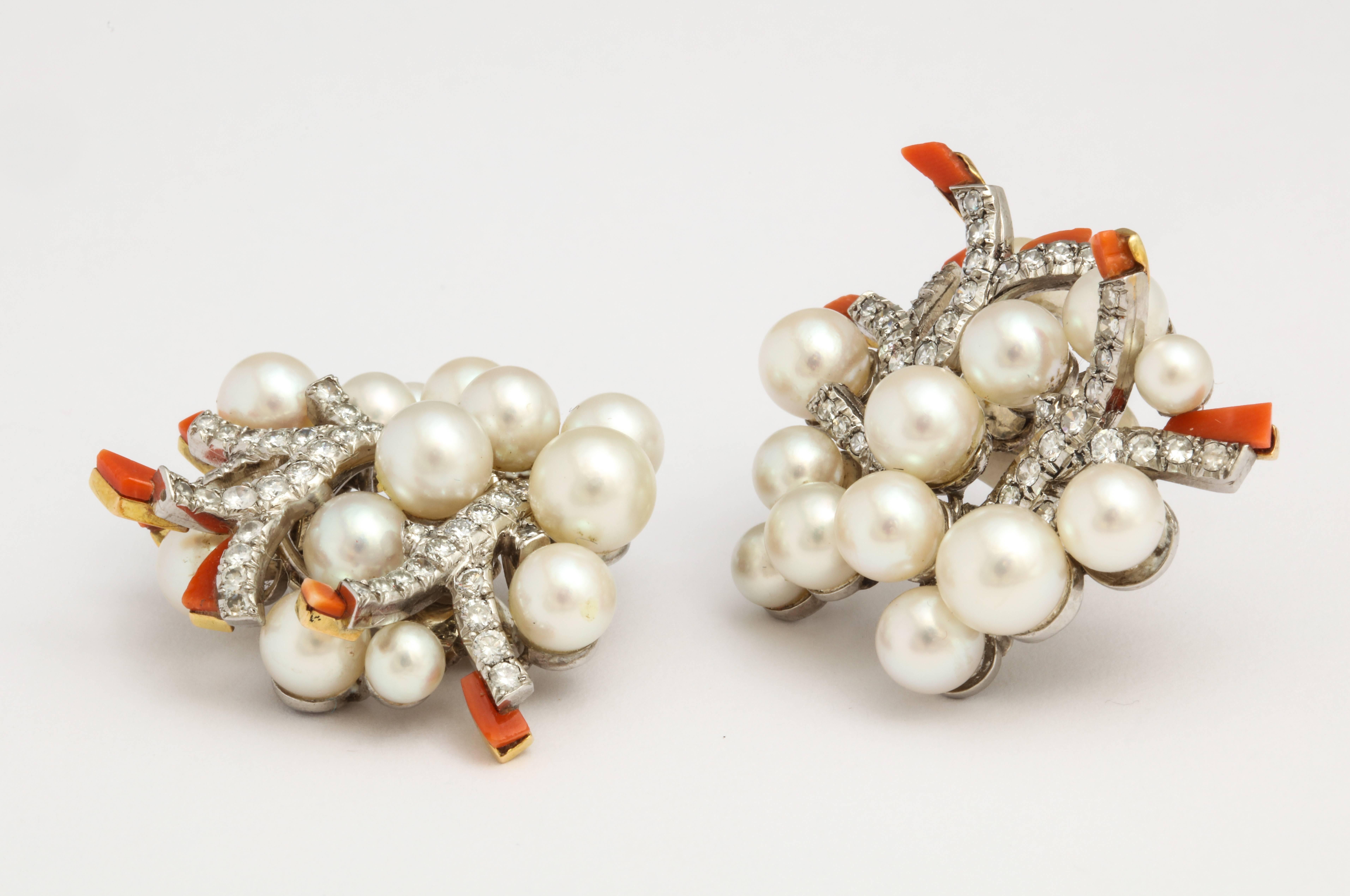 de Rothschild 1960s Verdura Paris Pearl Diamond Coral Earrings In Excellent Condition In New York, NY