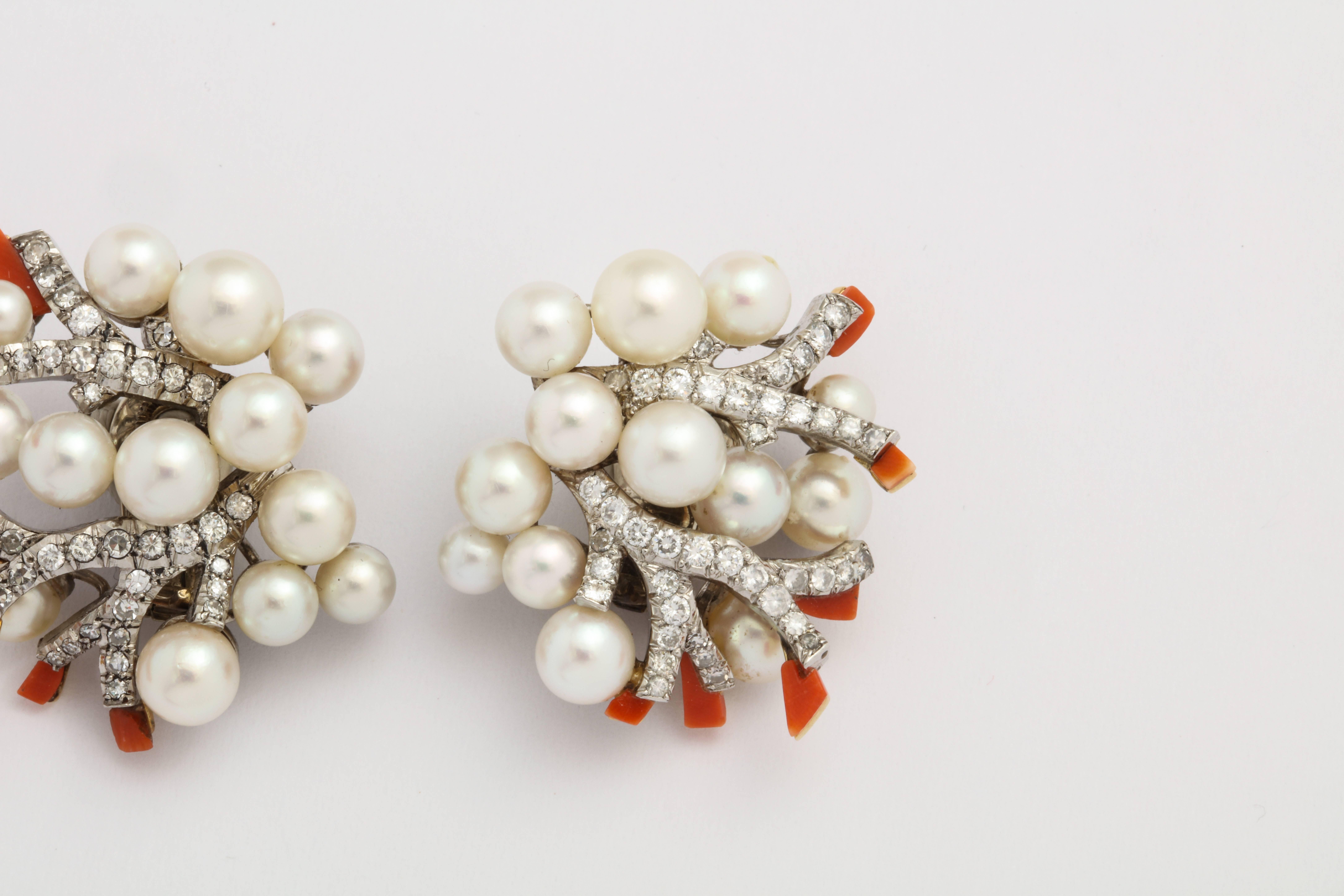 Women's de Rothschild 1960s Verdura Paris Pearl Diamond Coral Earrings