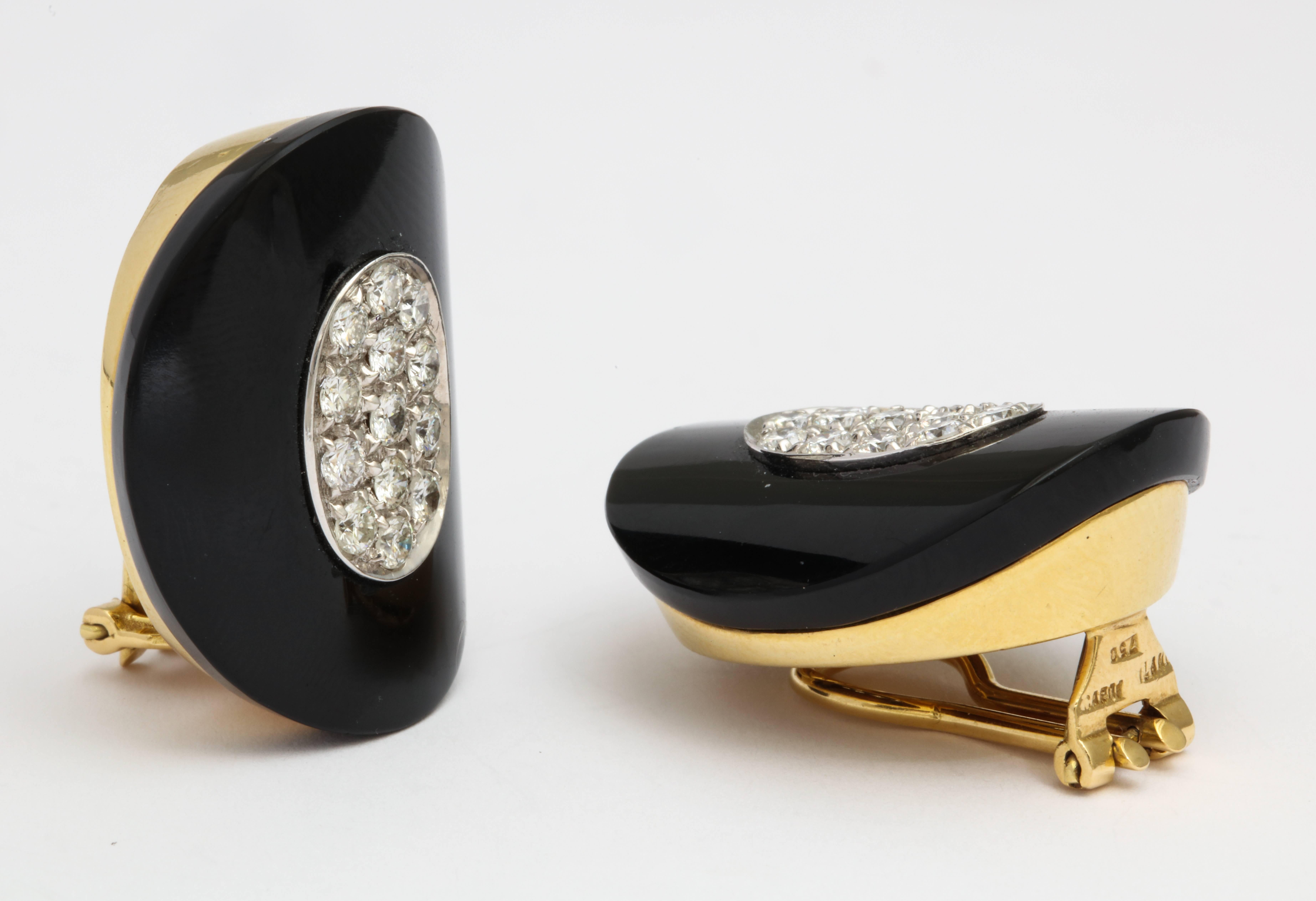 Retro Modern Onyx Diamond Earrings with Clips