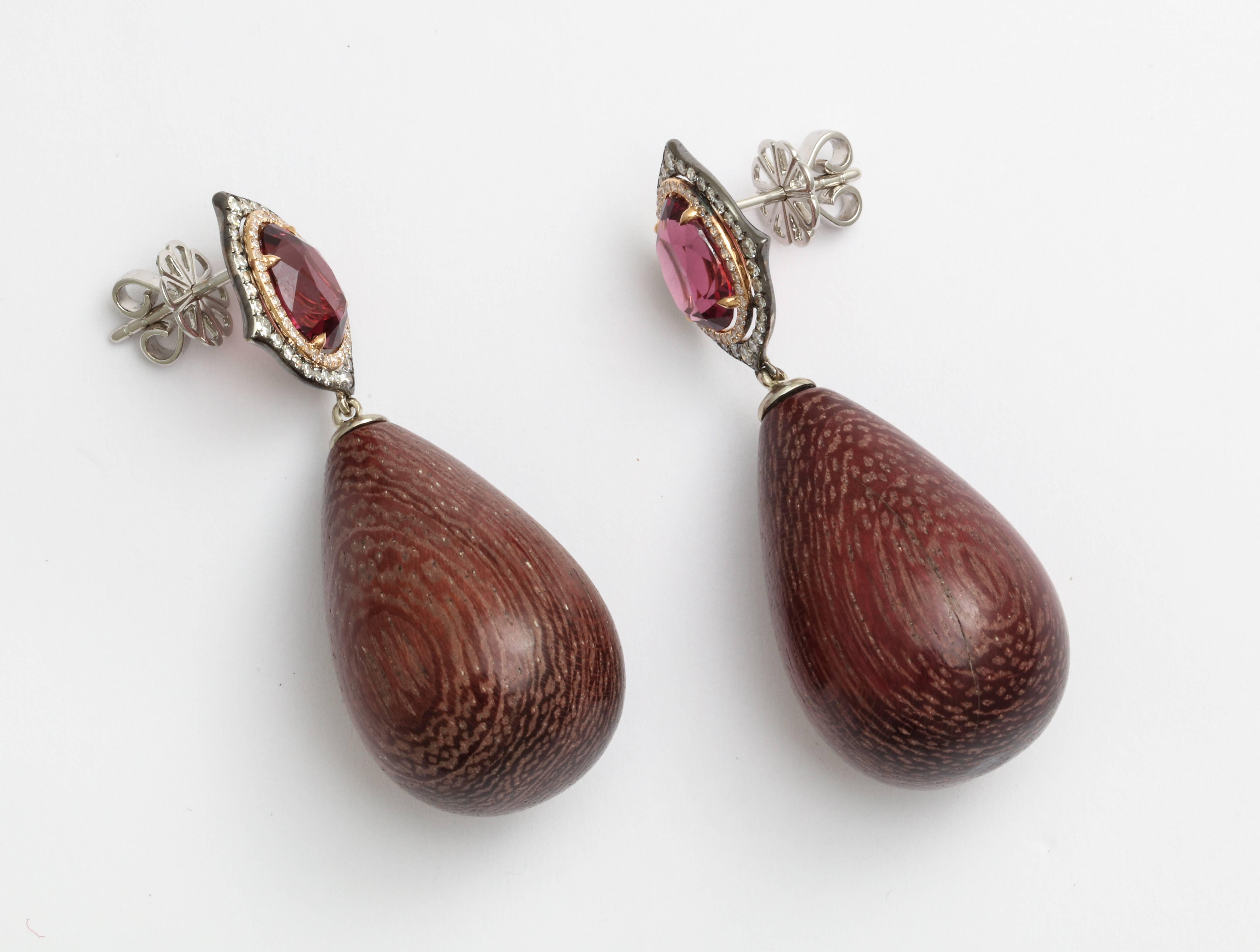 Contemporary Donna Vock Rhodolite, Diamond and Amaranth Wood Drop Earrings