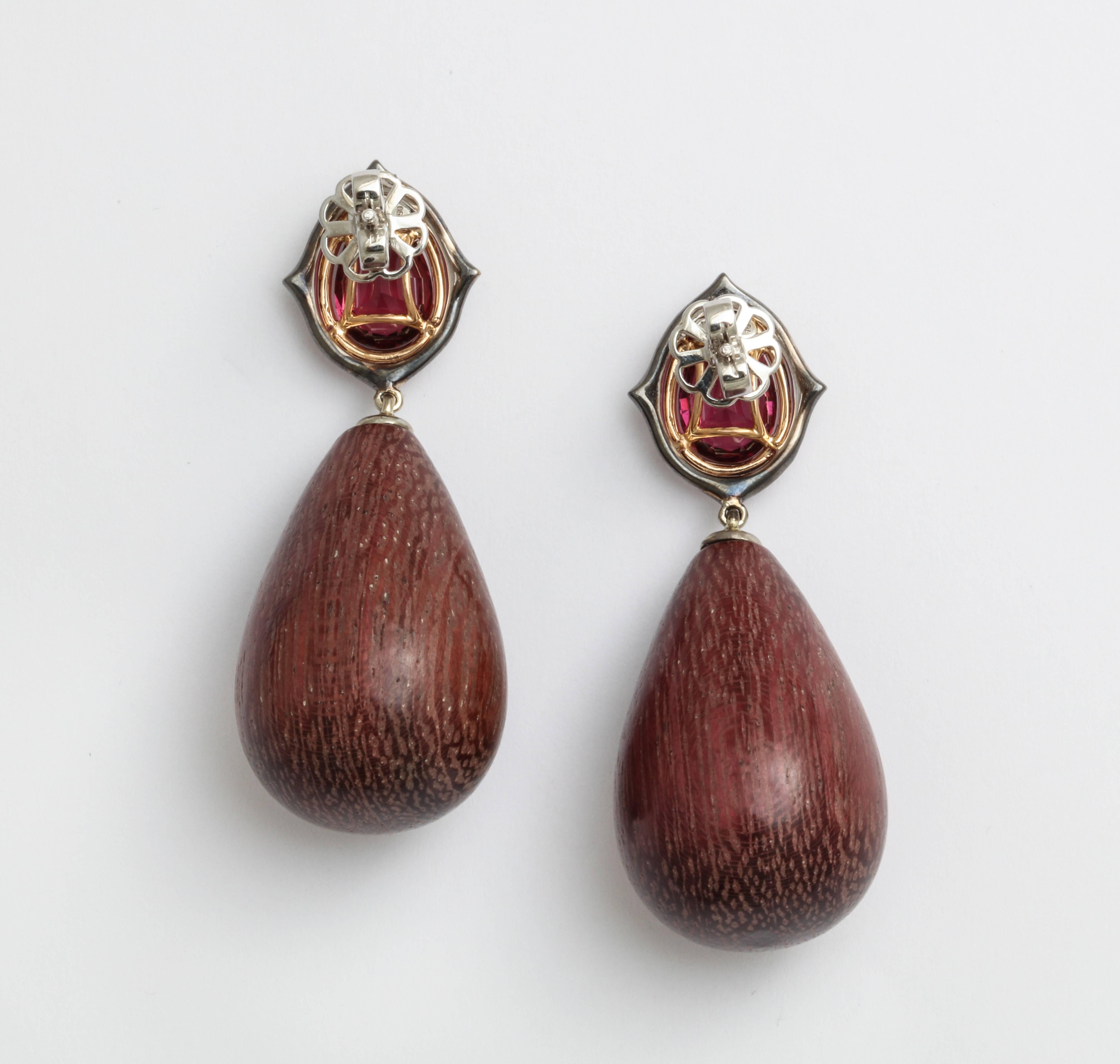 Donna Vock Rhodolite, Diamond and Amaranth Wood Drop Earrings In New Condition In New York, NY