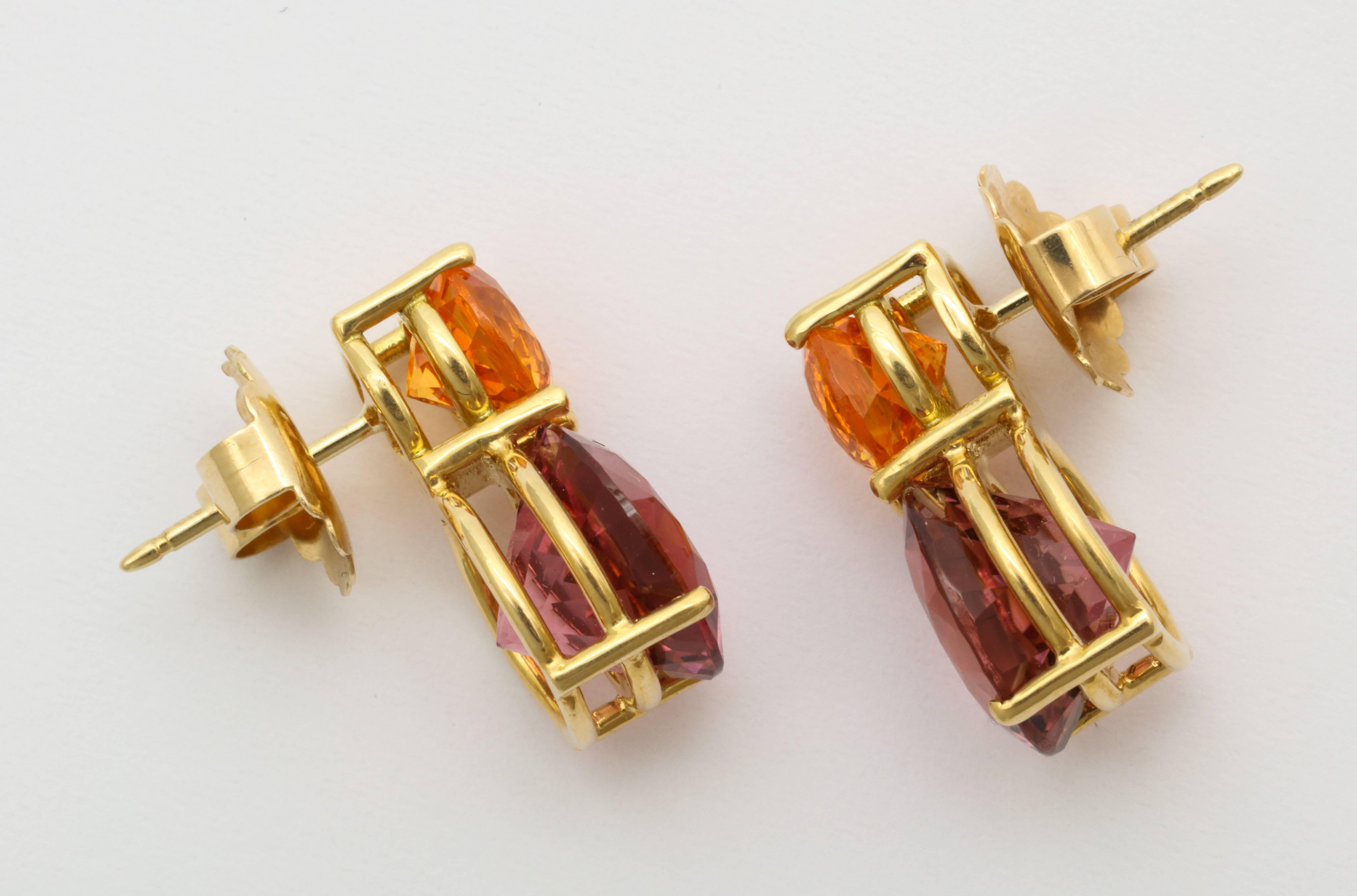 Women's or Men's Donna Vock 18K Yellow Gold Mandarin Garnet and Pink Tourmaline Earrings For Sale