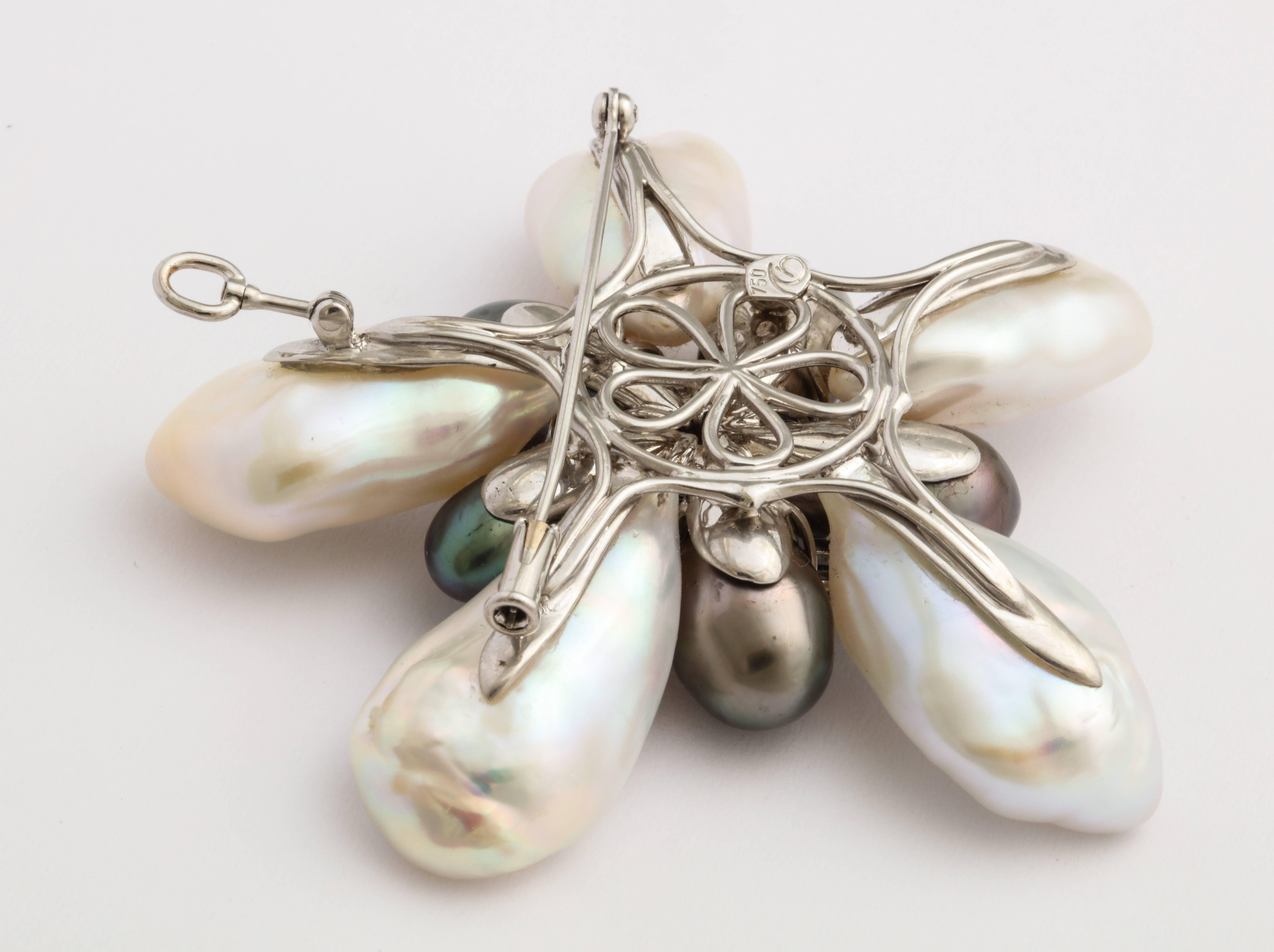 Contemporary Donna Vock Natural Color Tahitian Keshi and Freshwater Pearl and Diamond Brooch