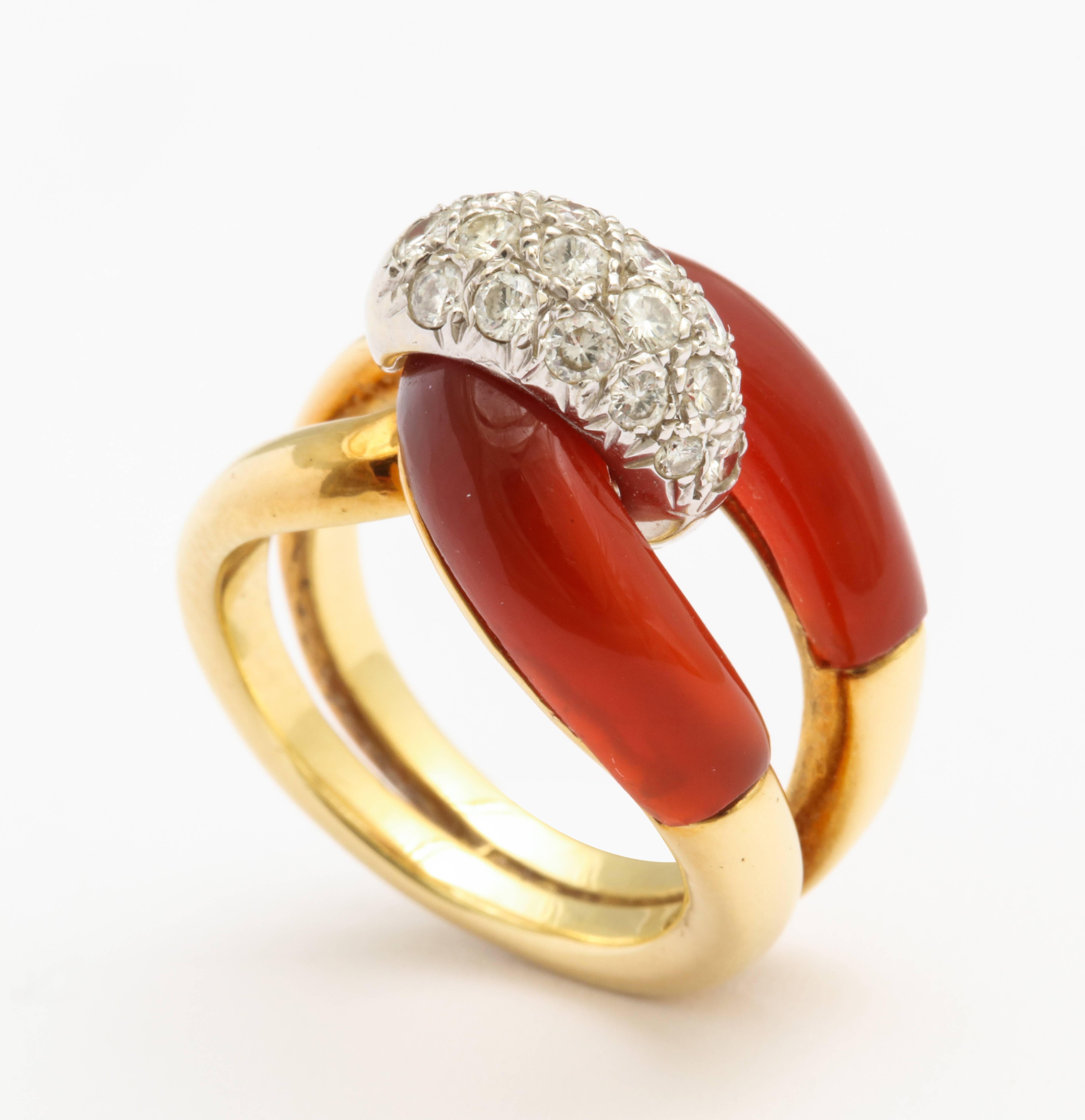 Modern Diamond, Carnelian and Gold Ring