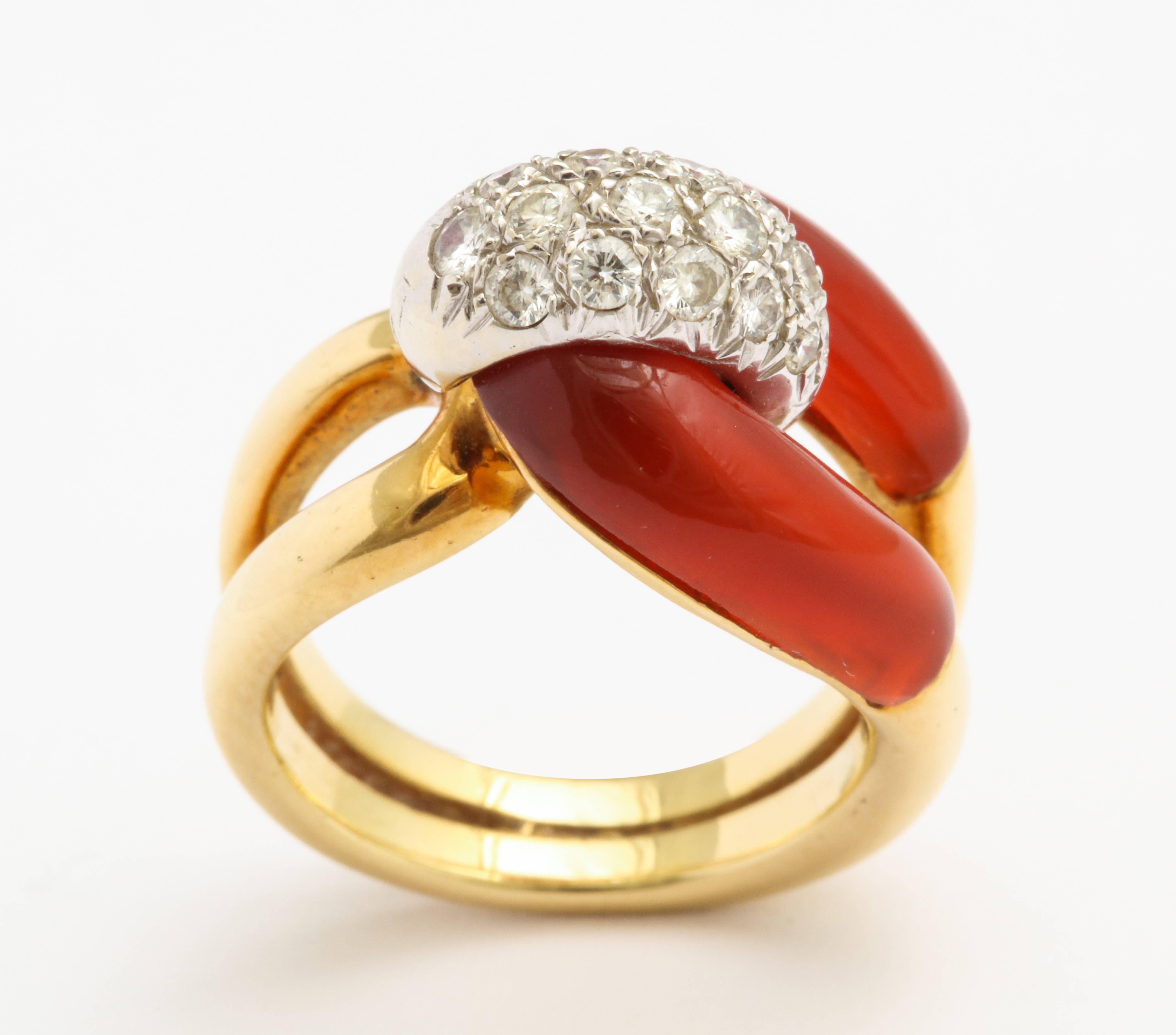 Women's or Men's Diamond, Carnelian and Gold Ring