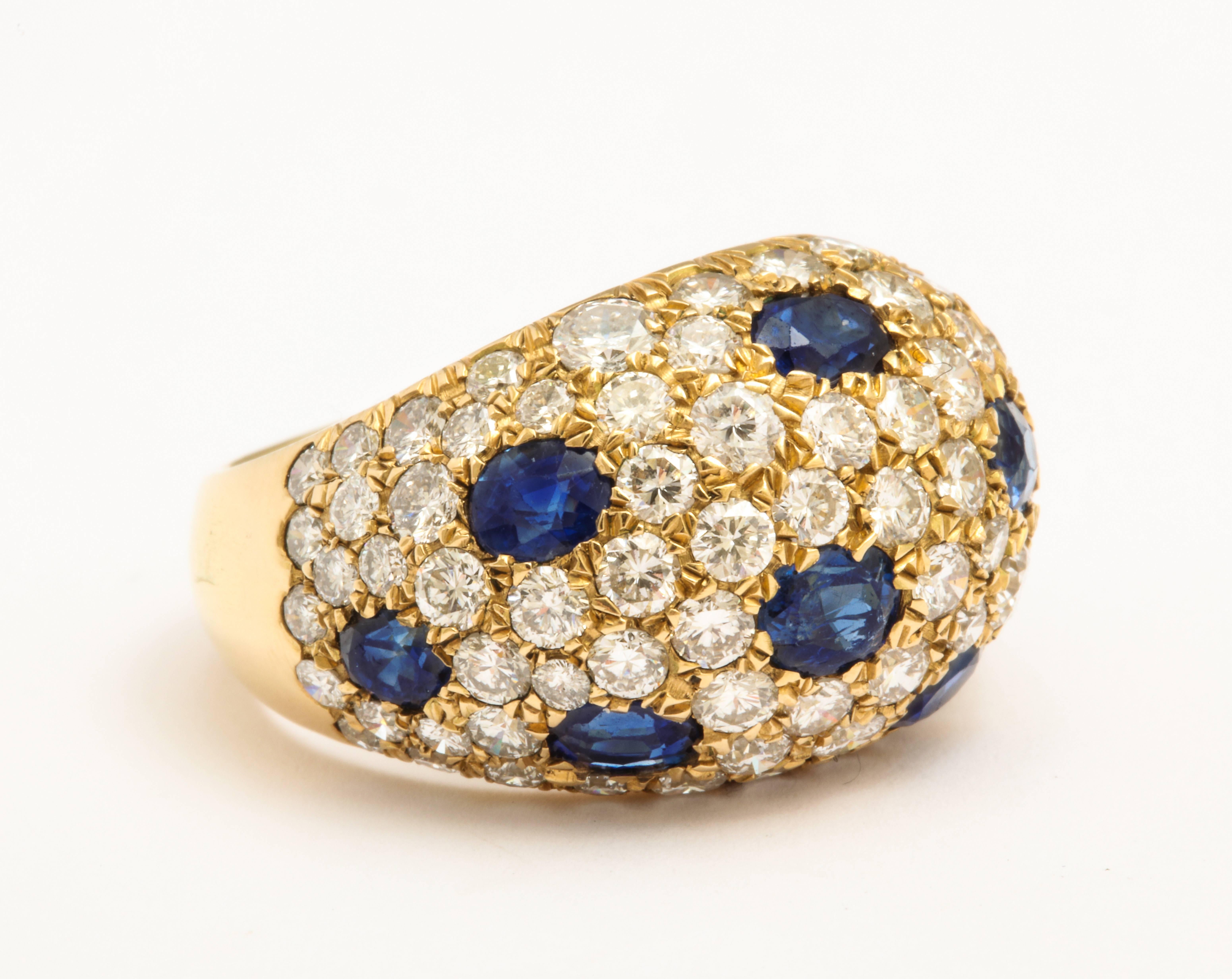 Contemporary 18 Karat Gold French Dome Ring with Sapphires and Diamonds For Sale
