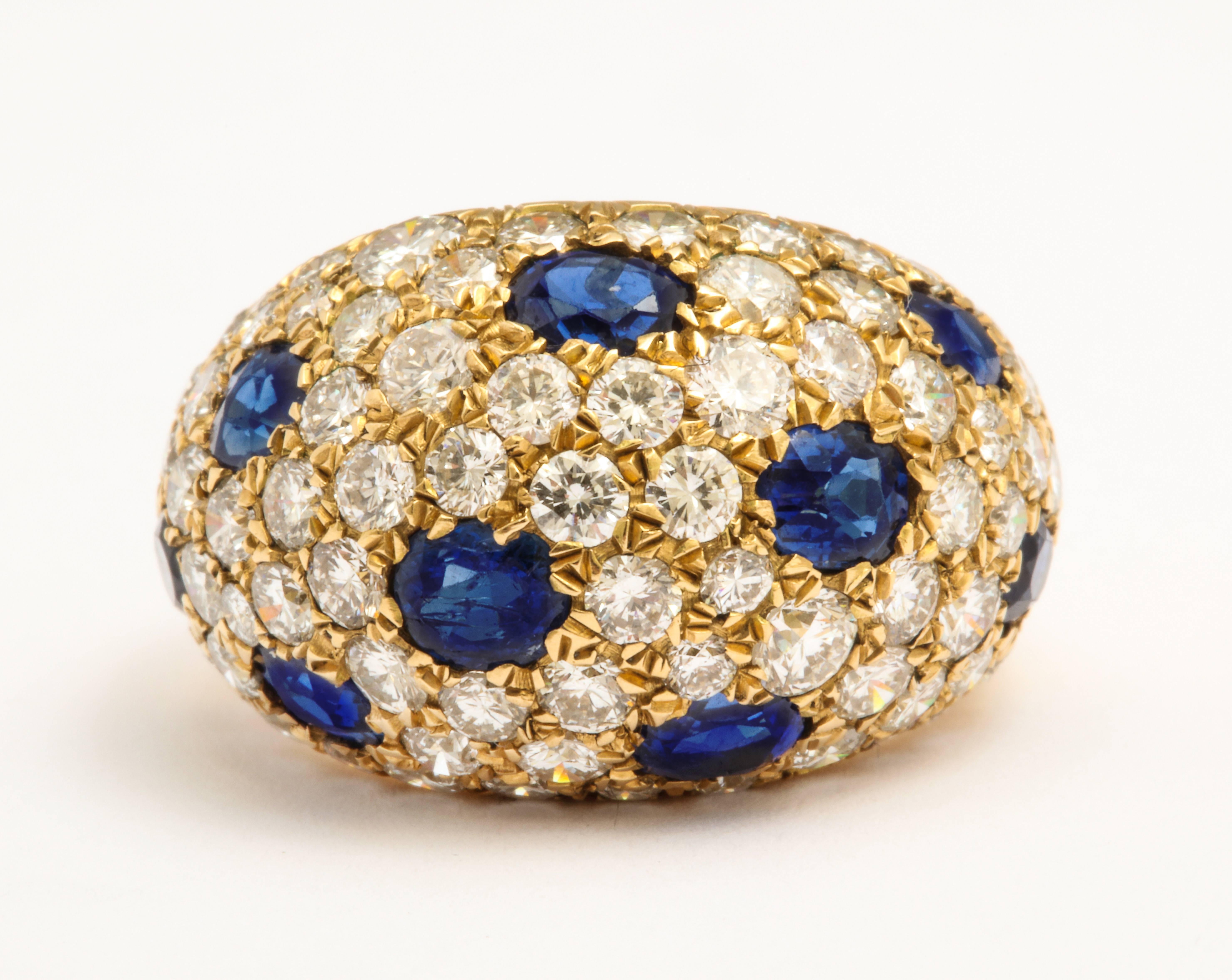 Women's or Men's 18 Karat Gold French Dome Ring with Sapphires and Diamonds For Sale