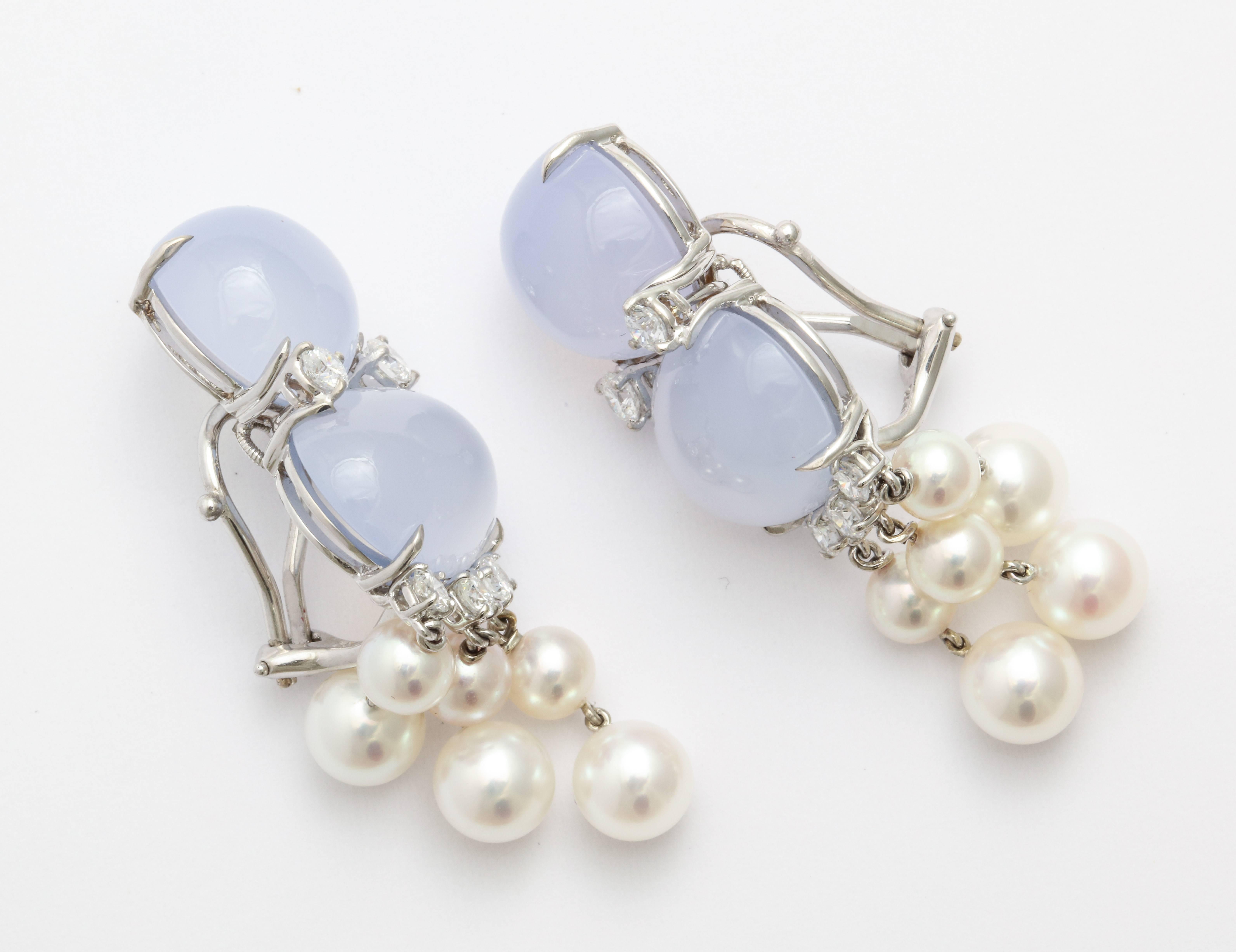Donna Vock Chalcedony, Pearl and Diamond Clip-On Drop Earrings In New Condition In New York, NY
