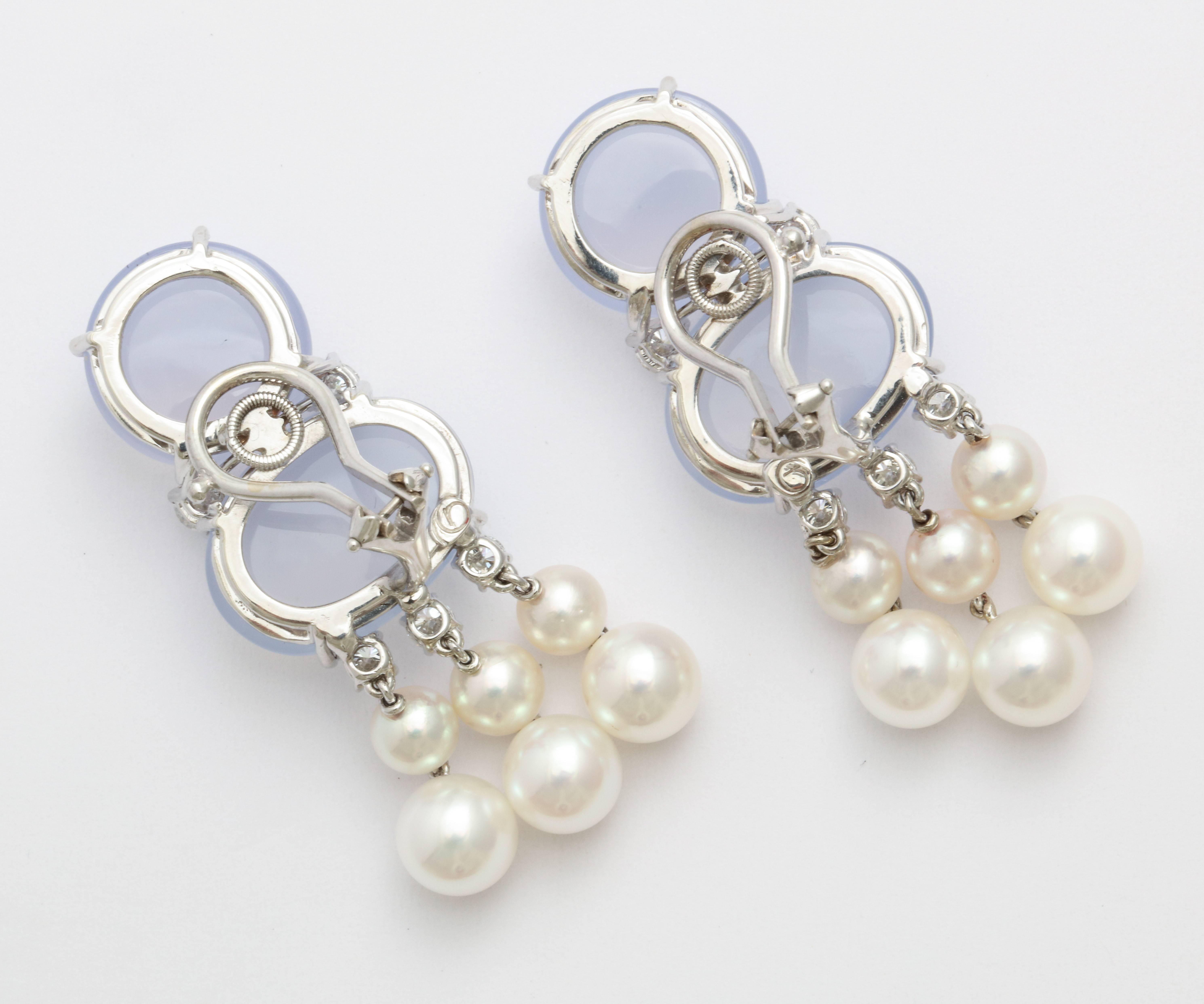 Contemporary Donna Vock Chalcedony, Pearl and Diamond Clip-On Drop Earrings