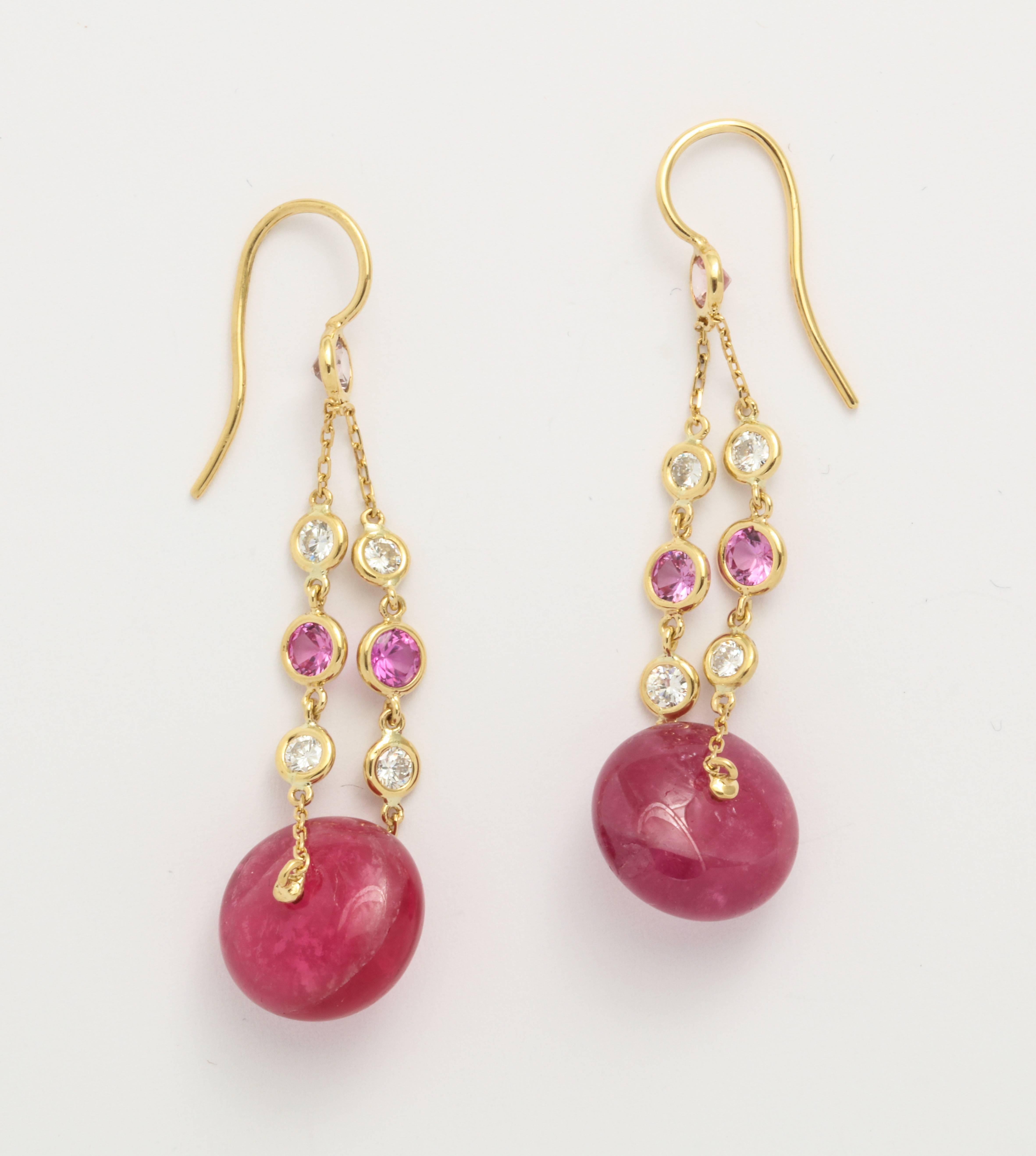 Contemporary Pink Tourmaline, Diamond and Pink Sapphire Drop Earrings
