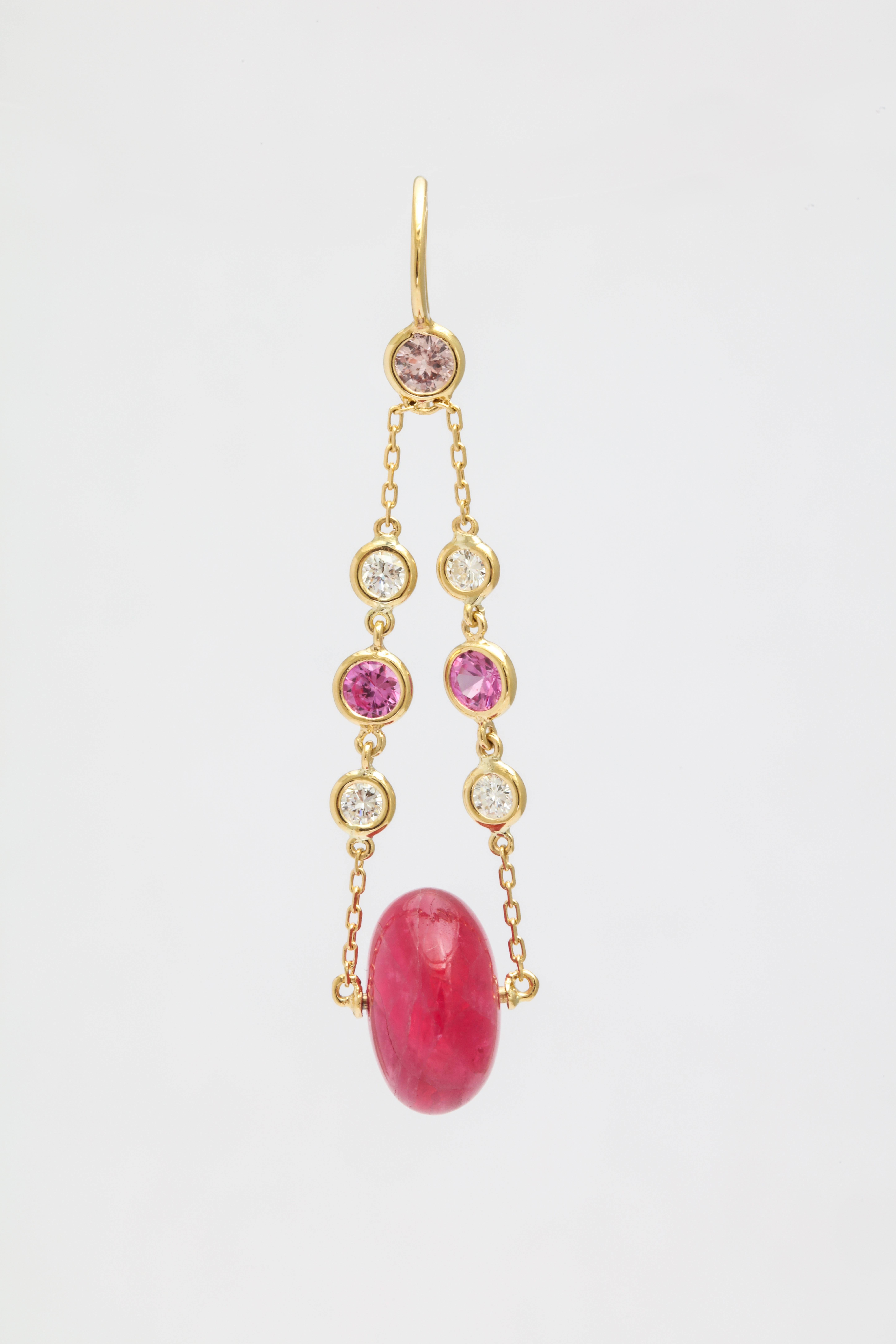 Pink Tourmaline, Diamond and Pink Sapphire Drop Earrings 2