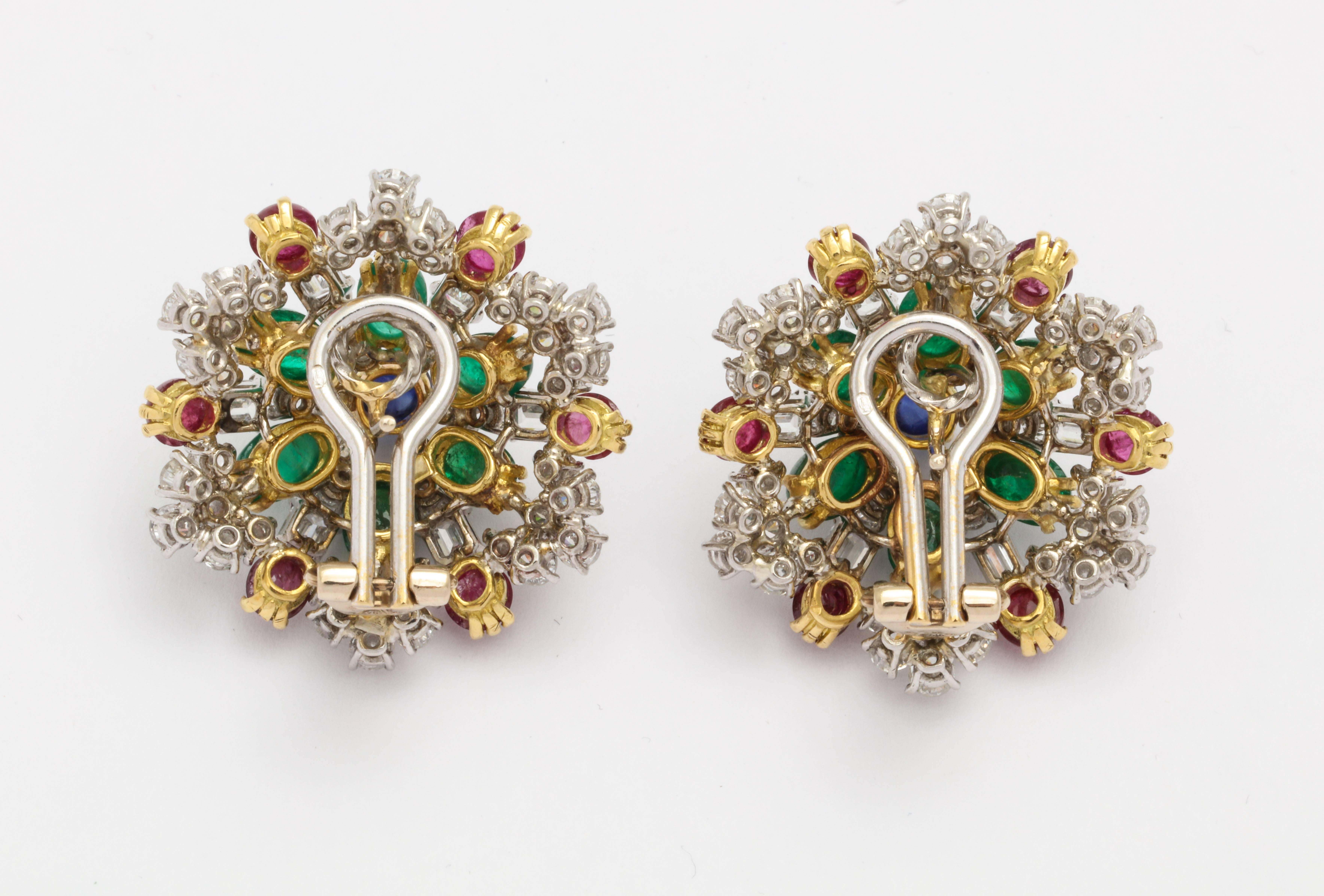 Multi Gem Clip-on Earrings with Sapphire, Emerald, Ruby and Diamonds In Good Condition In New York, NY