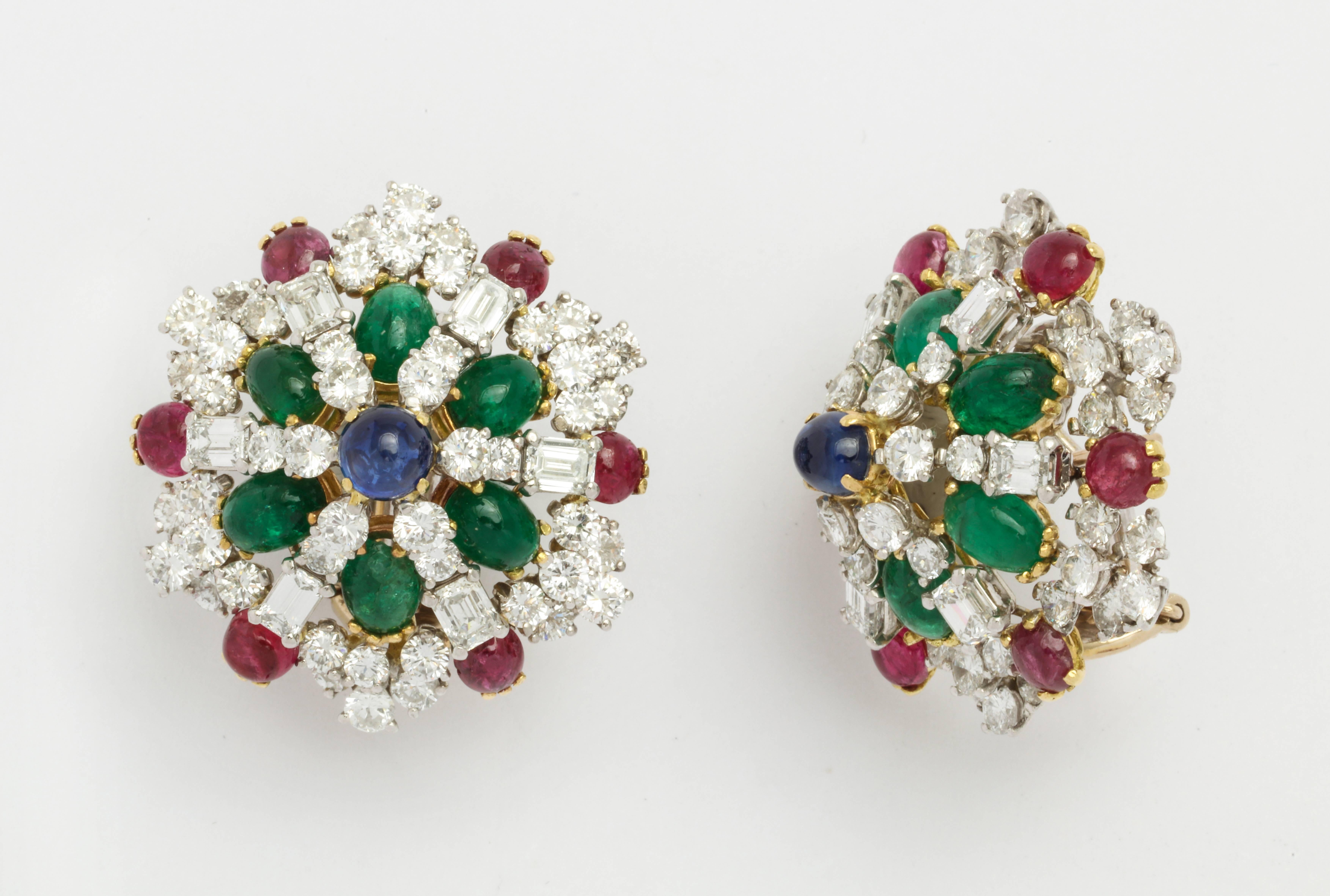 Retro Multi Gem Clip-on Earrings with Sapphire, Emerald, Ruby and Diamonds