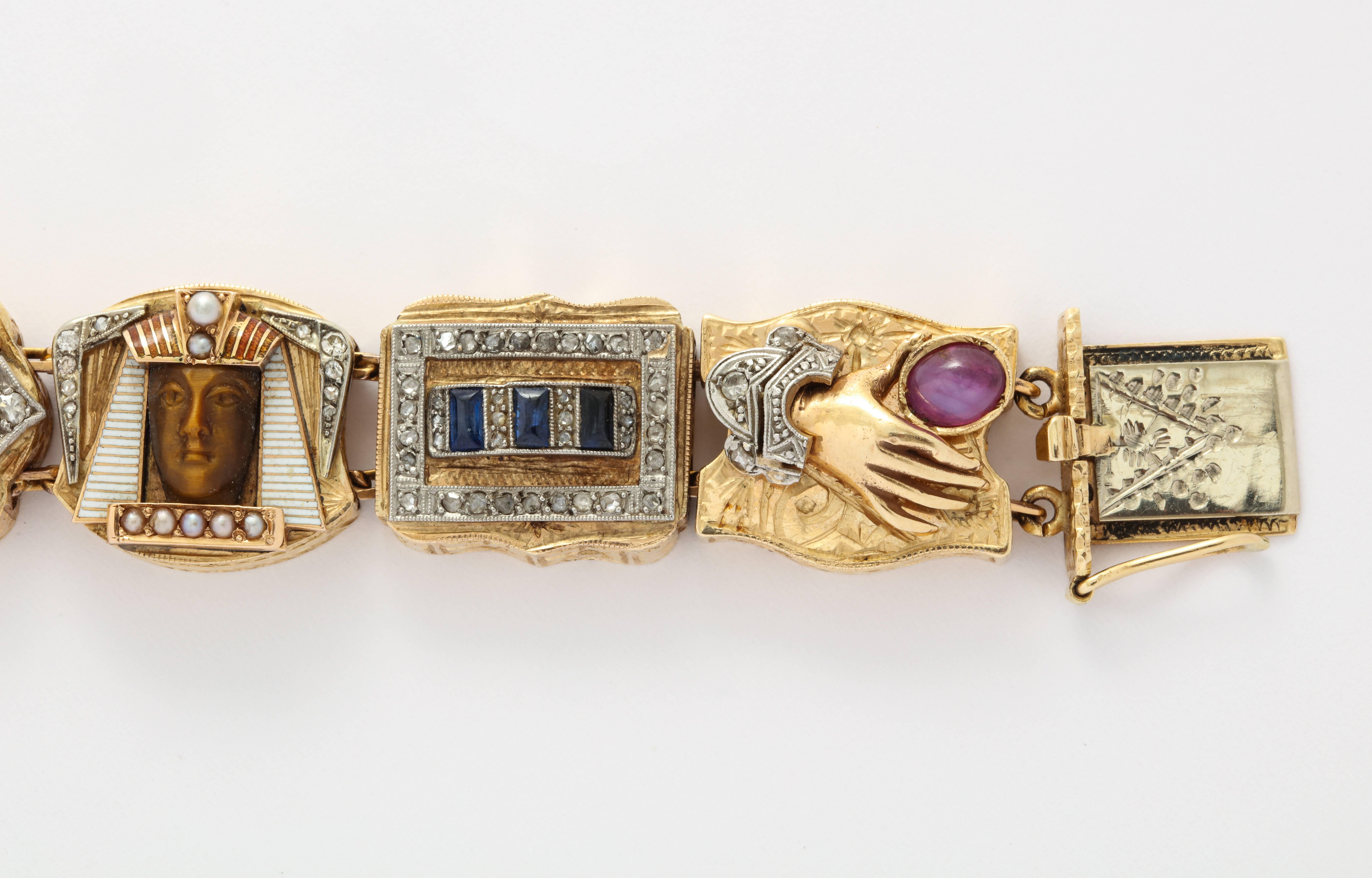 Victorian 14K Gold Multi-gem Slide Charm Bracelet