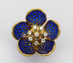 Plique-a-Jour Enamel Gold and Diamond Flower Clip-On Earrings