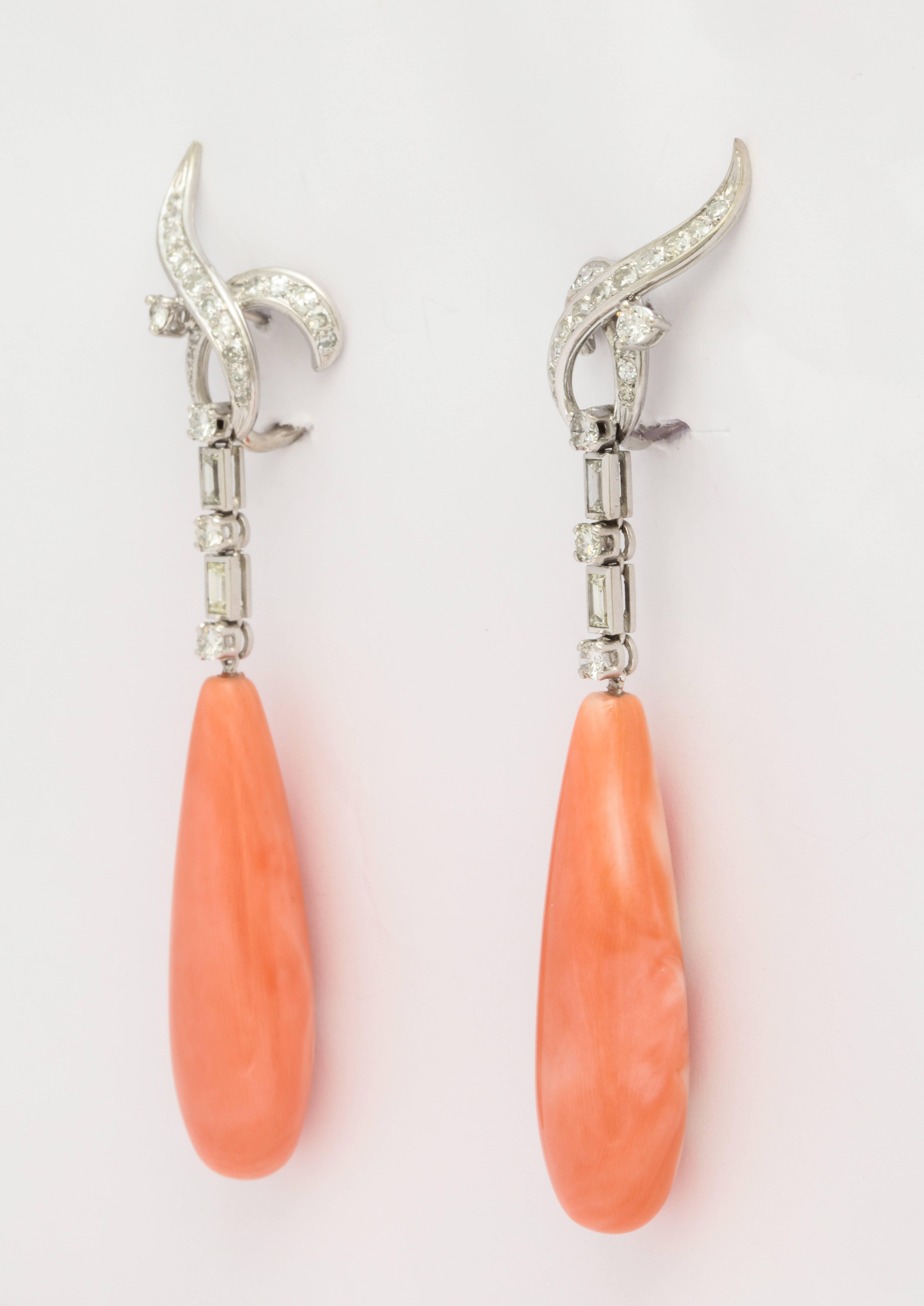 Women's or Men's Coral and Diamond Drop Earrings