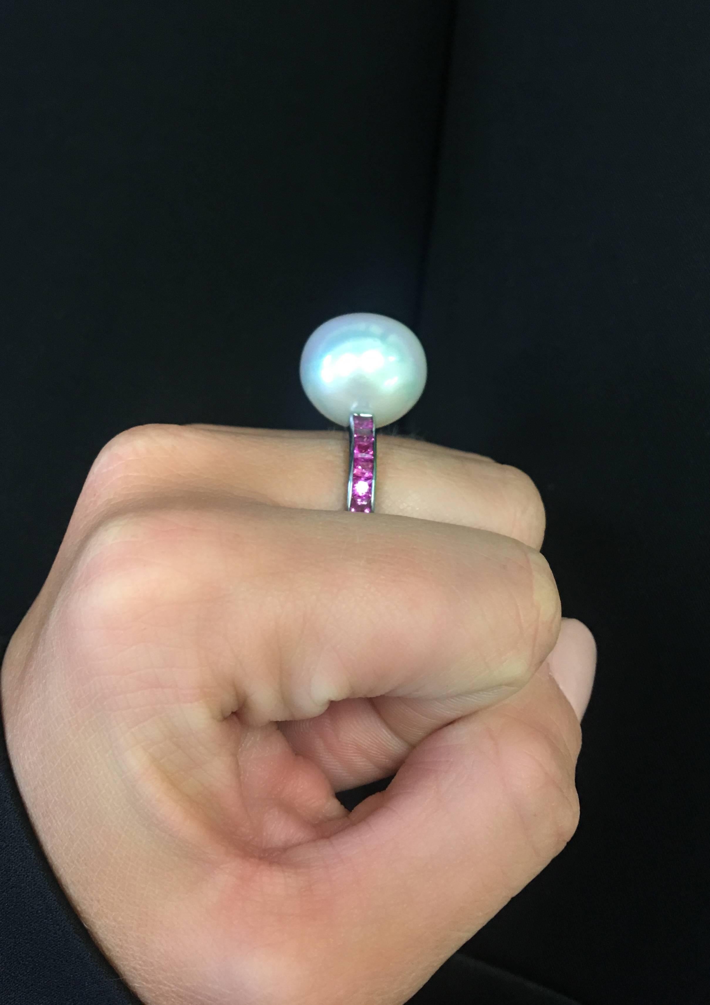 Donna Vock 18K Gold South Sea Cultured Pearl and Pink Sapphire Ring For Sale 3