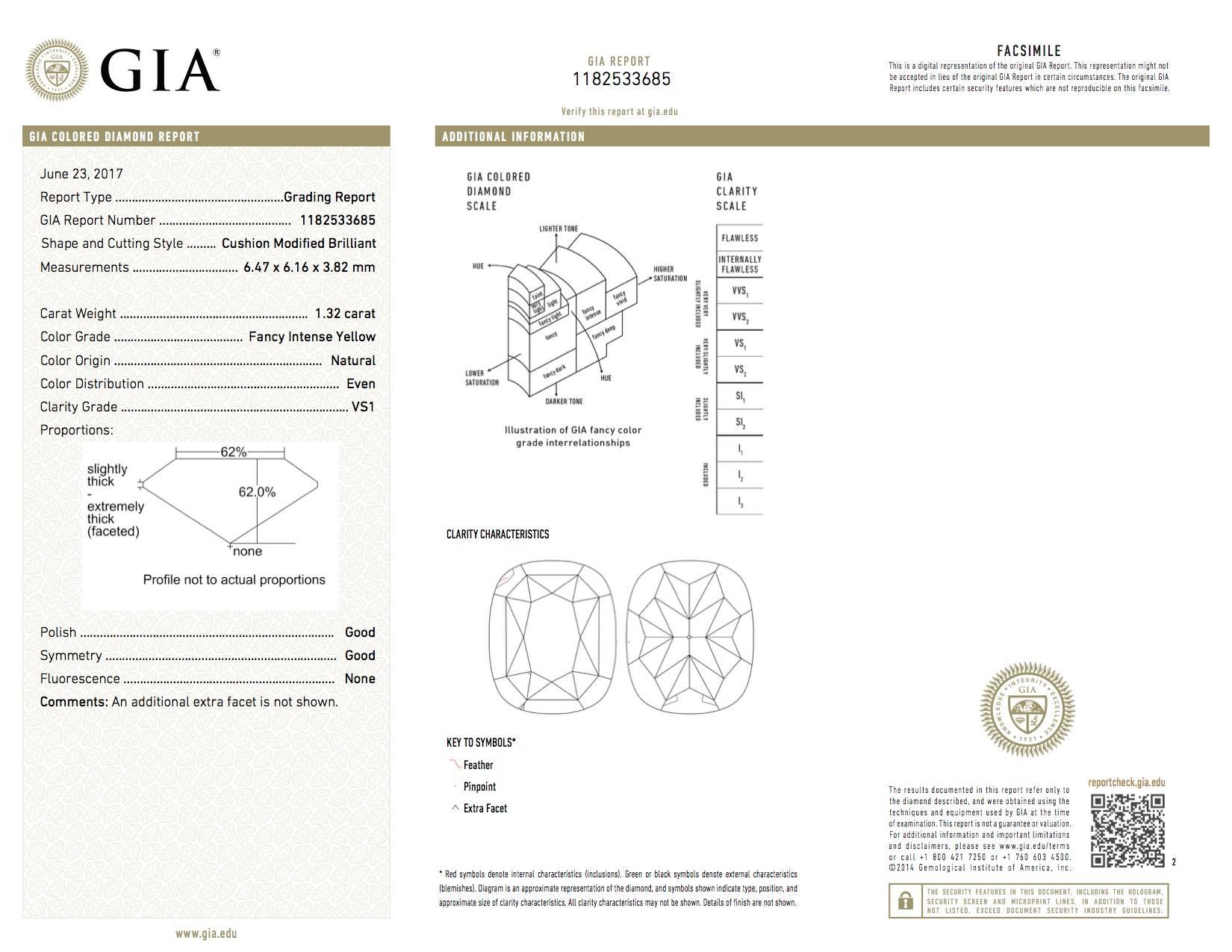 GIA Certified Cushion Cut Intense Yellow Diamond Ring in Platinum  2