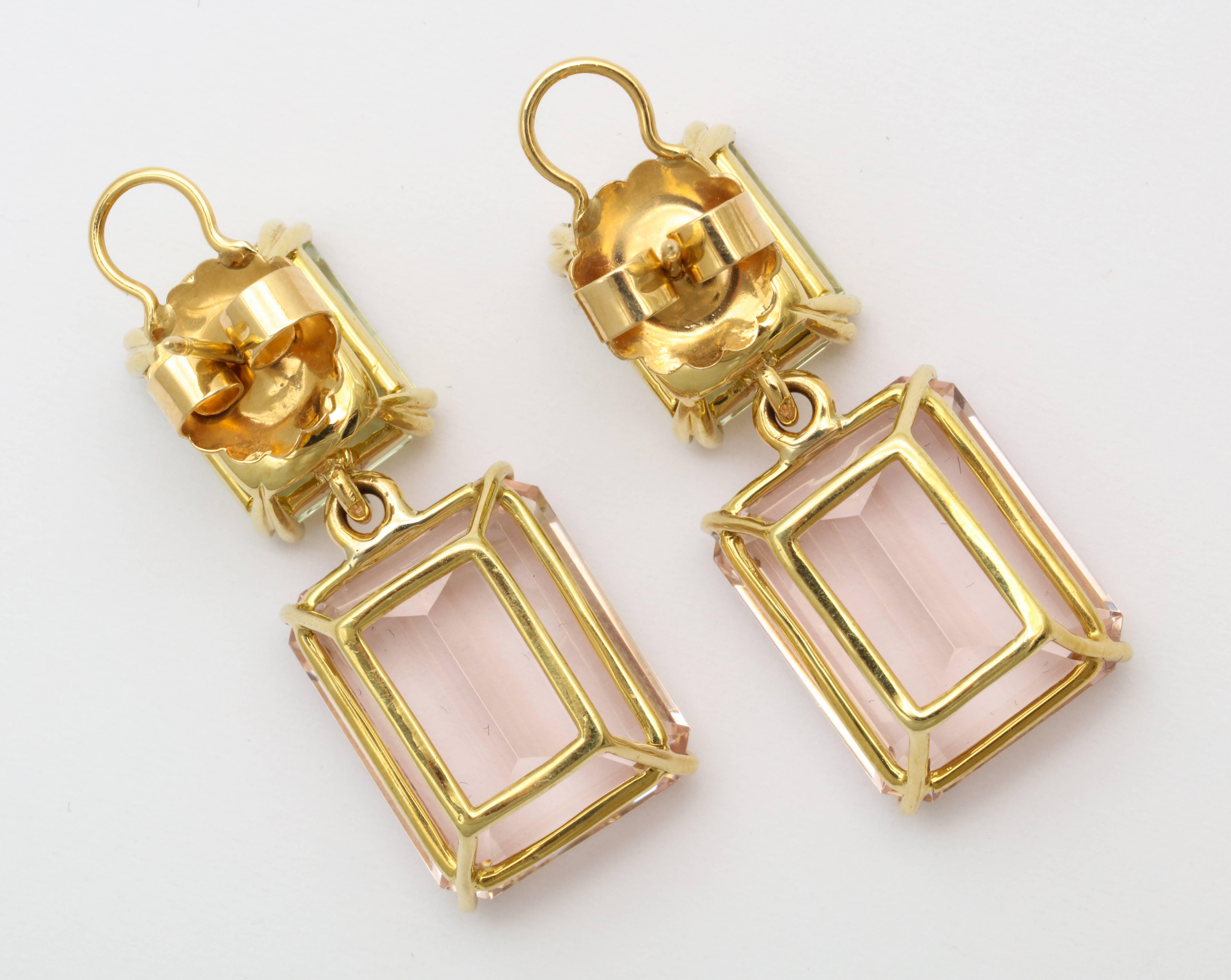 Octagon shaped double stud high/low design earrings feature large pastel pink (morganite) suspended from a lime green beryl. 2 Morganite = 34.11 cts TW and 2 green beryl = 12.22 cts TW.  Volume with comfort, our specially designed friction backs