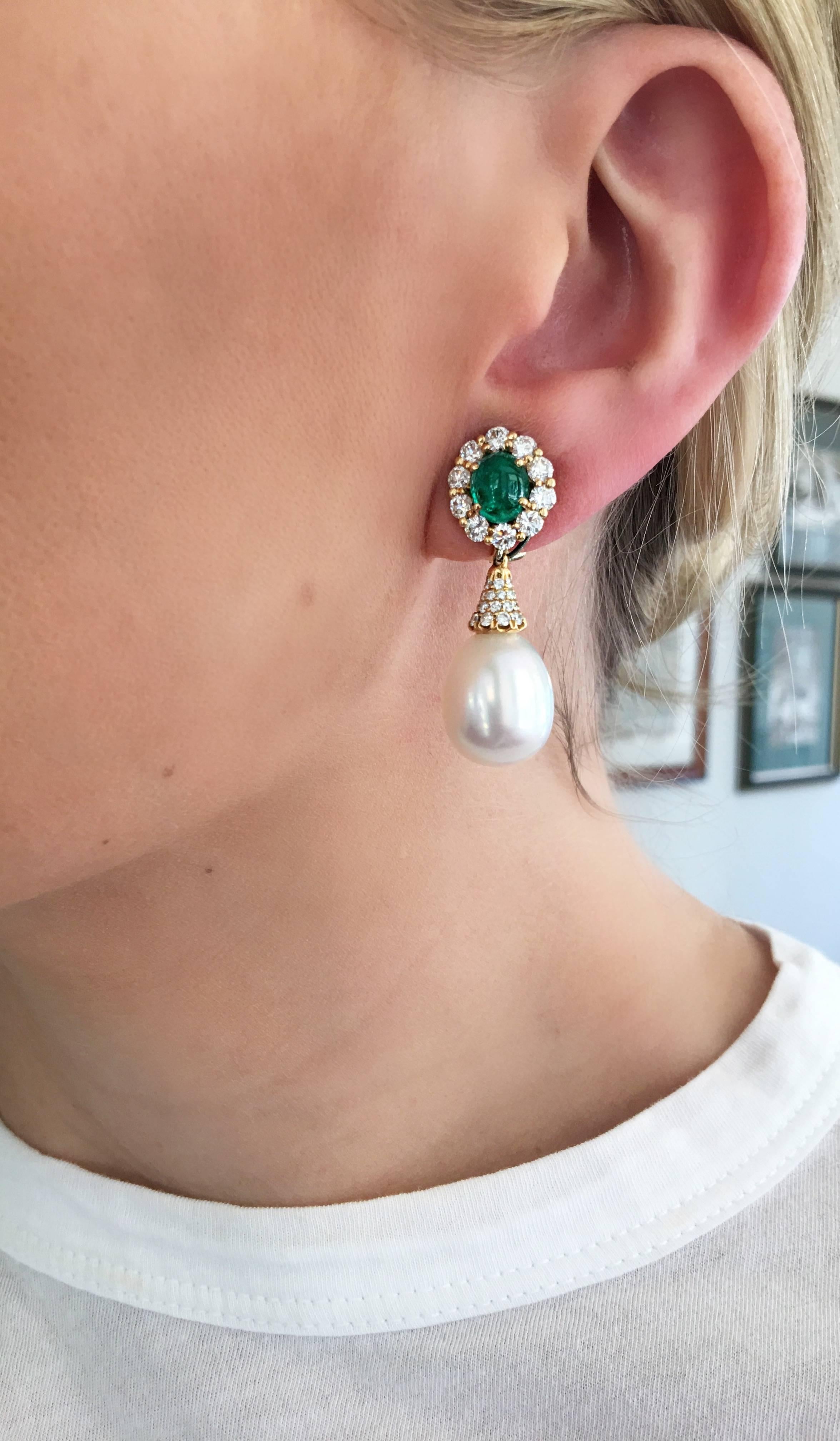 Donna Vock Emerald Diamond and Cultured Pearl Drop Day Night Clip-on Earrings 1